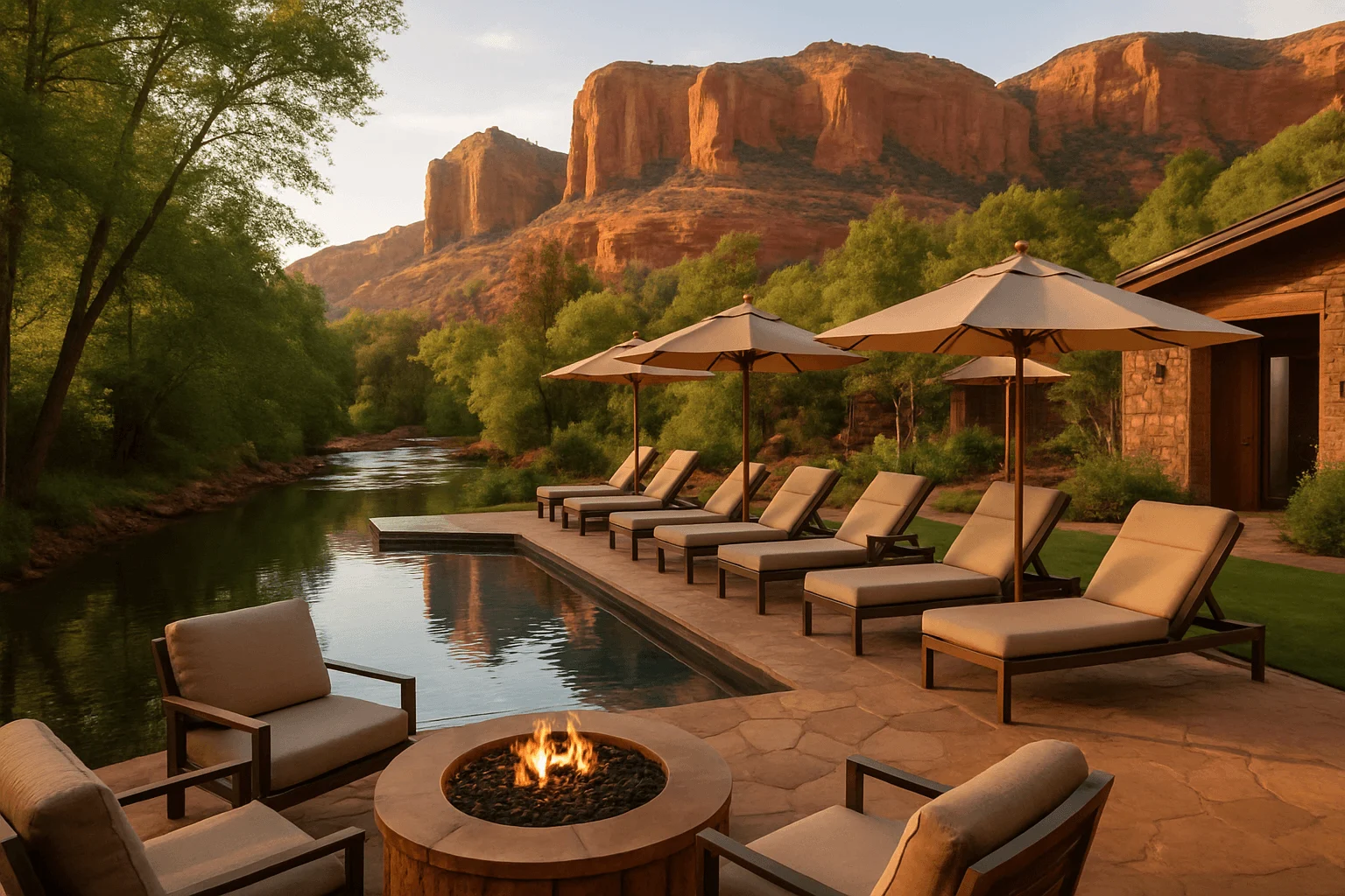 Poolside loungers and a fire pit near red-rock cliffs