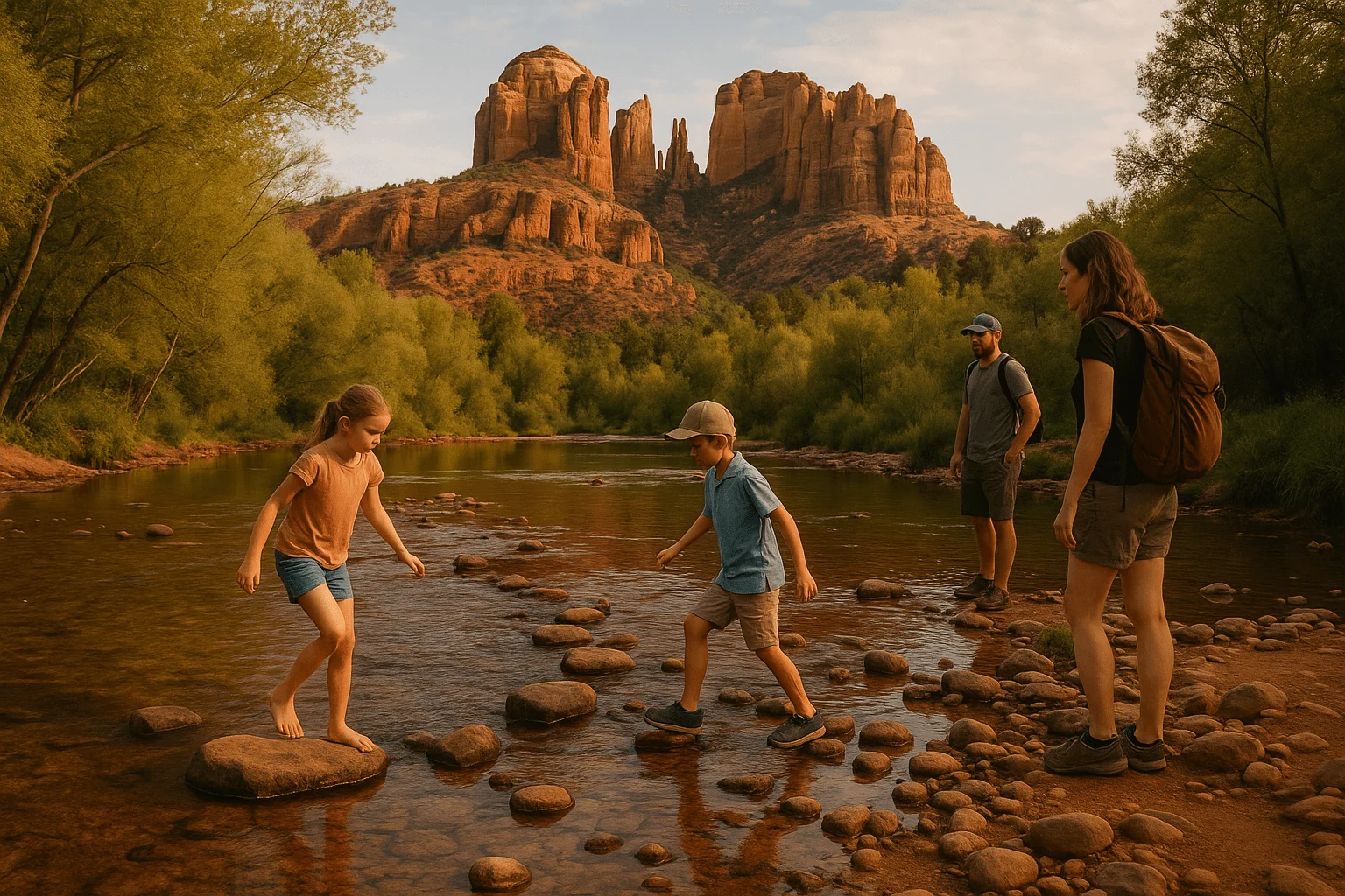 A family stepping through shallow water beside red-rock formations