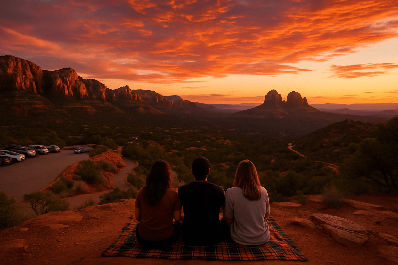 People seated at an overlook beneath a vivid sunset