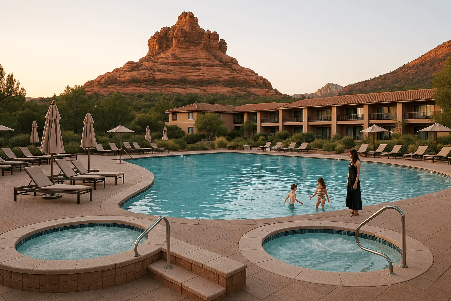 An outdoor pool and hot tub with a red-rock formation behind them