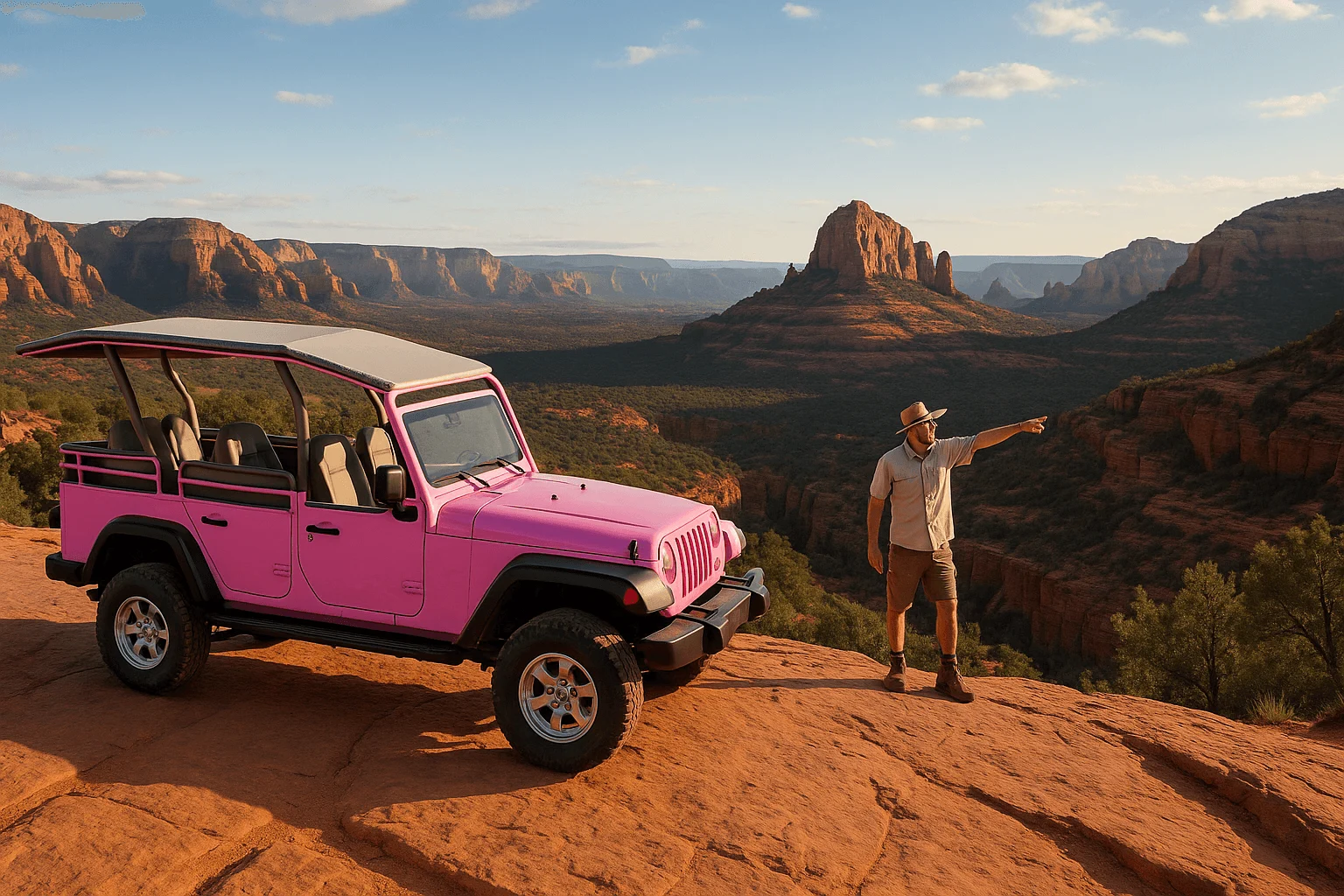 A guide beside a pink tour vehicle at a sandstone overlook