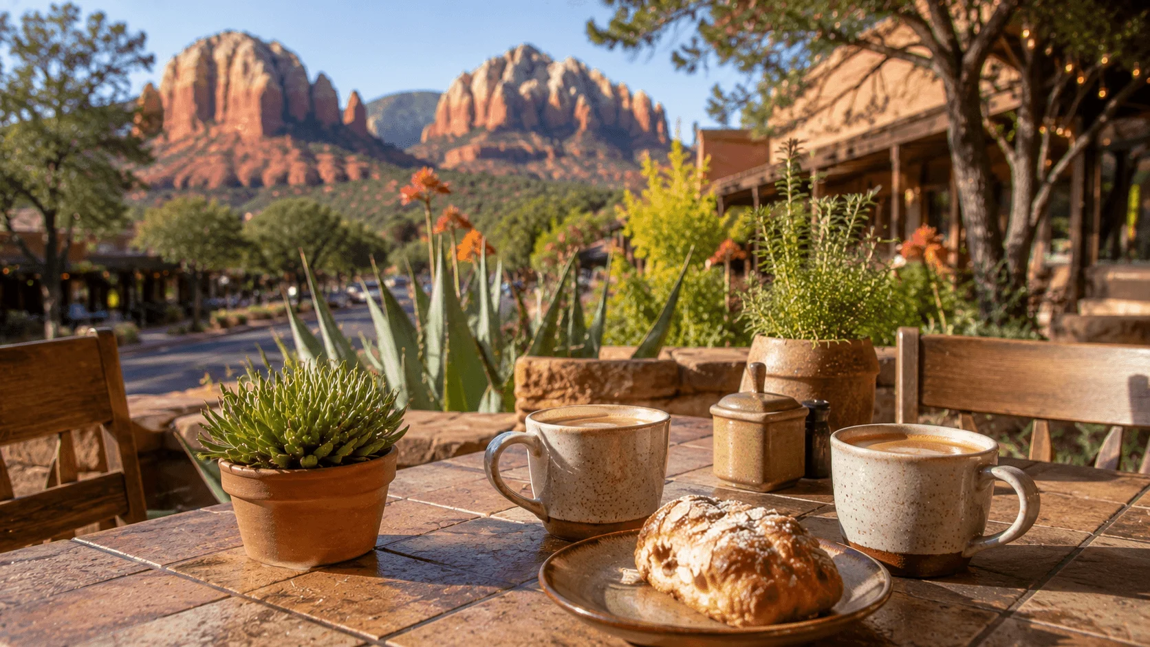 Coffee cups and a pastry on a terrace with red-rock views