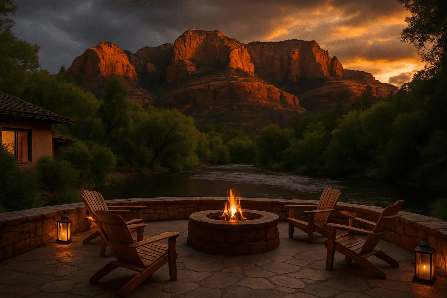 A fire pit and chairs beside a creek at dusk