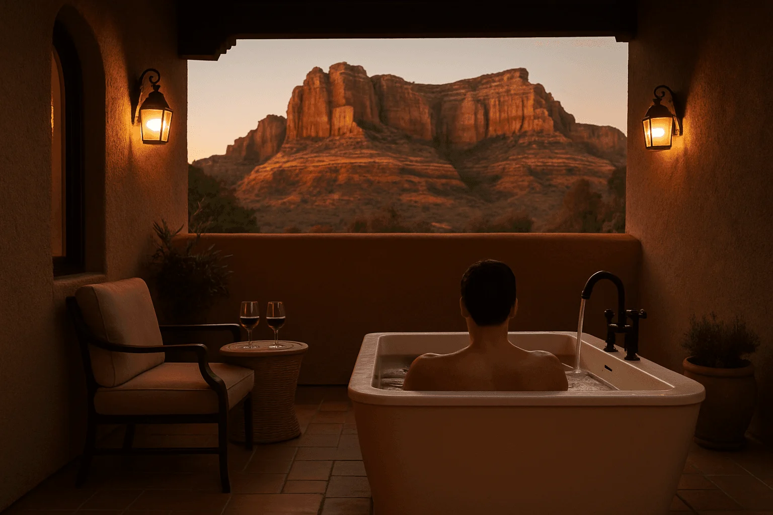 A person in a balcony soaking tub facing red-rock formations