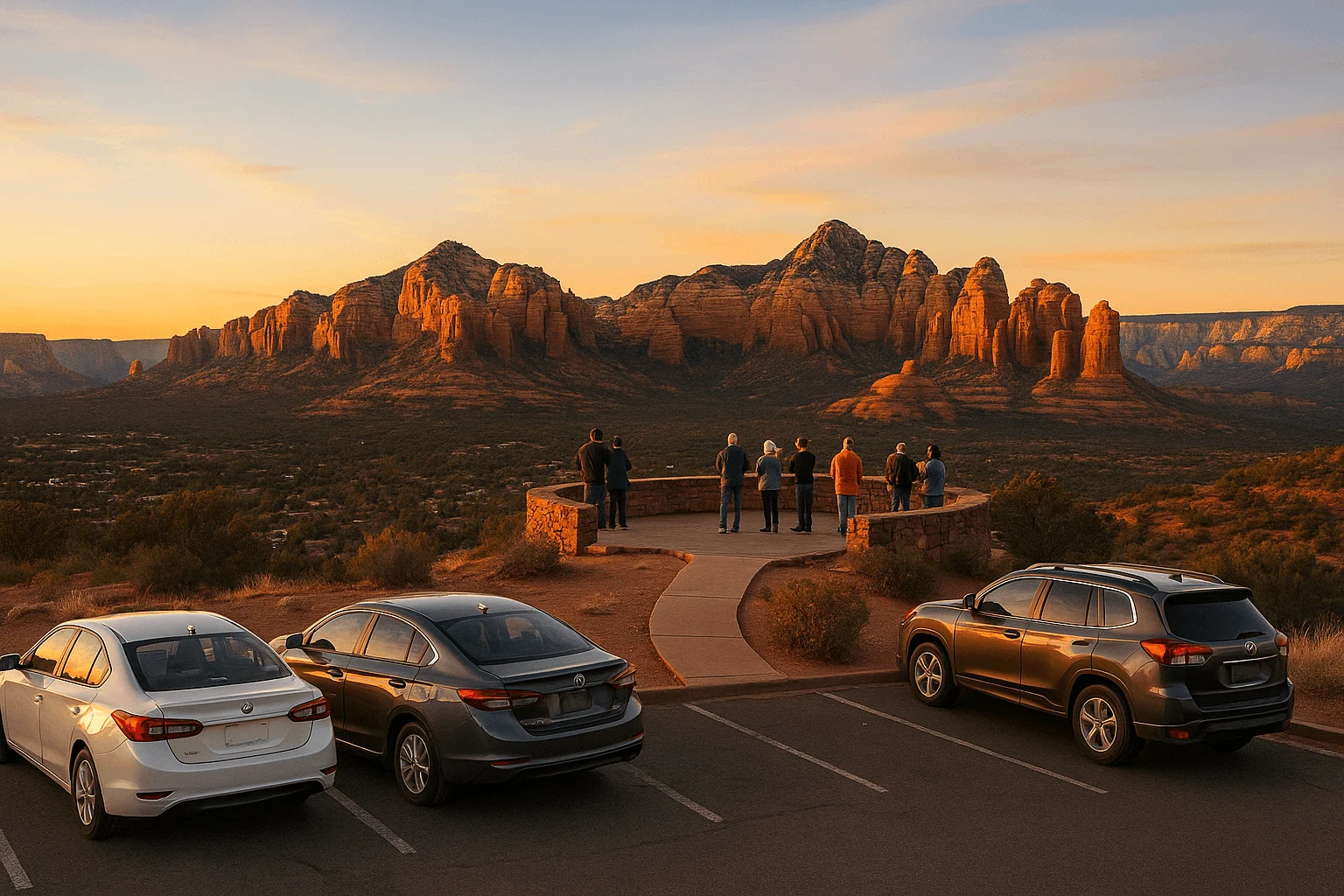 Cars and visitors at a sunset viewing area