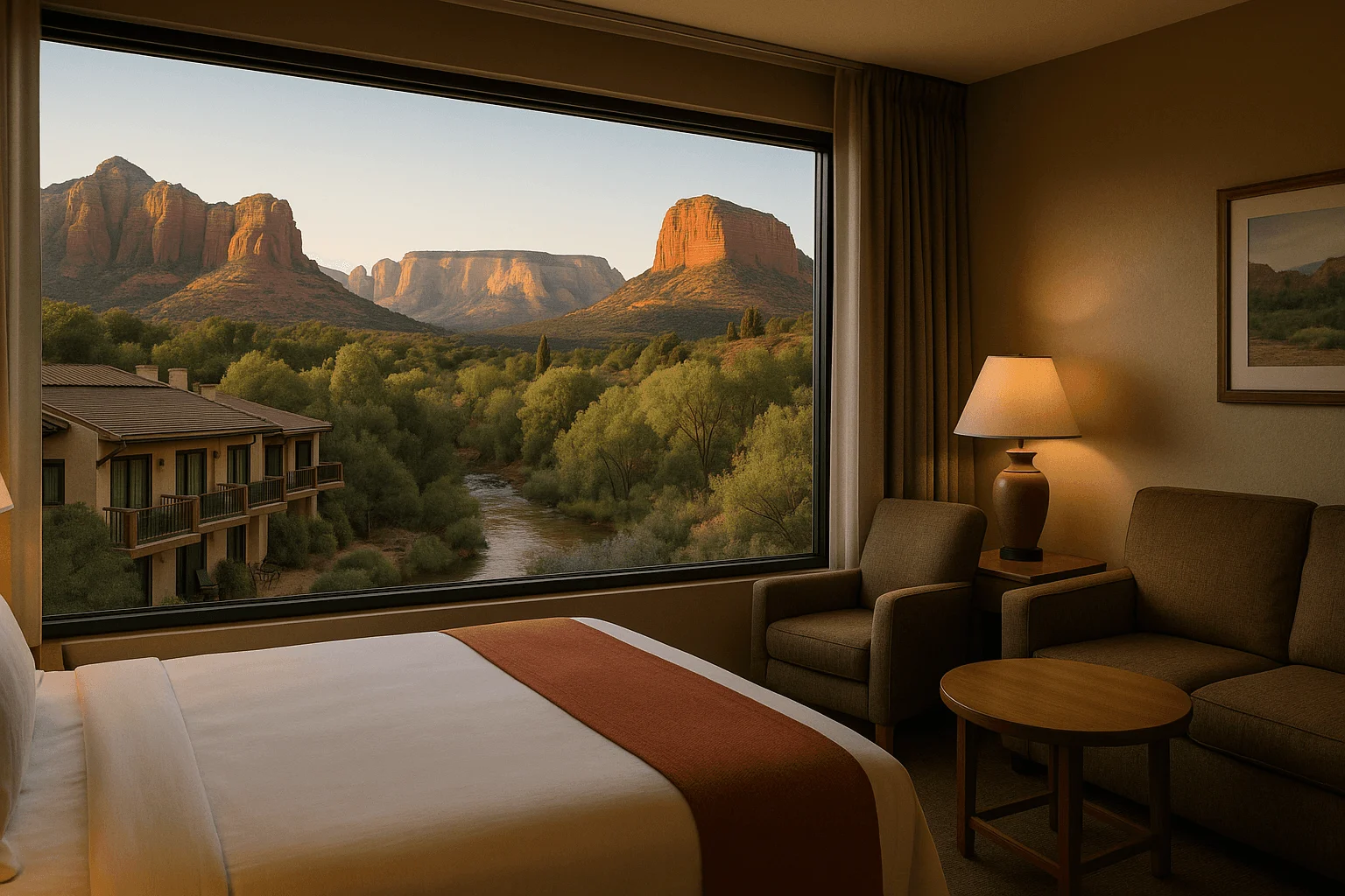 A hotel room overlooking trees and red-rock formations