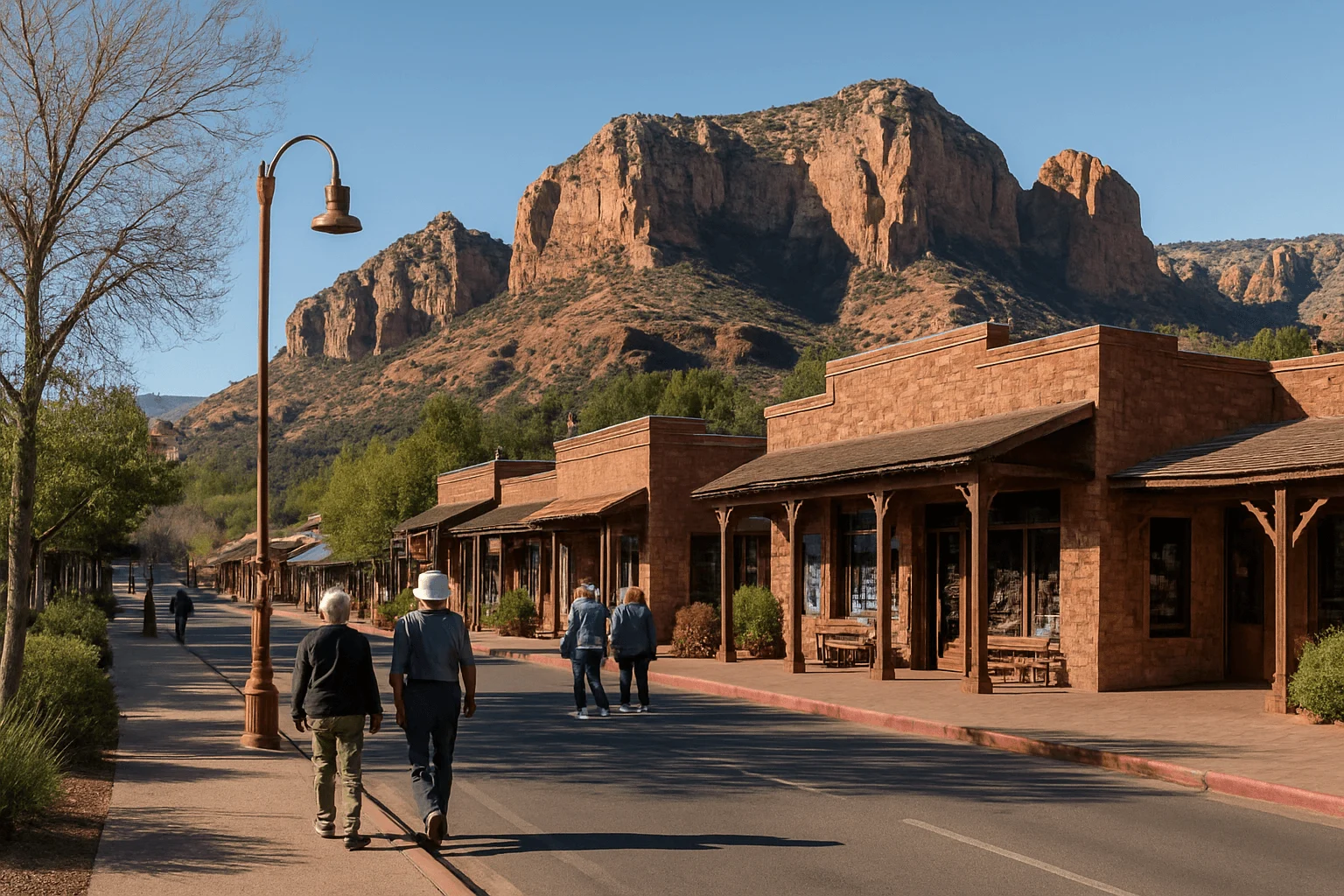 Pedestrians and cyclists along a shopping street beneath cliffs