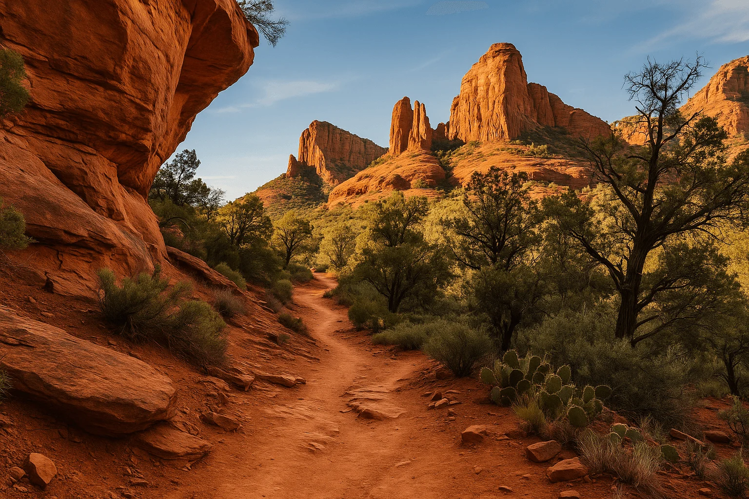 A narrow red-dirt path between sandstone and desert plants