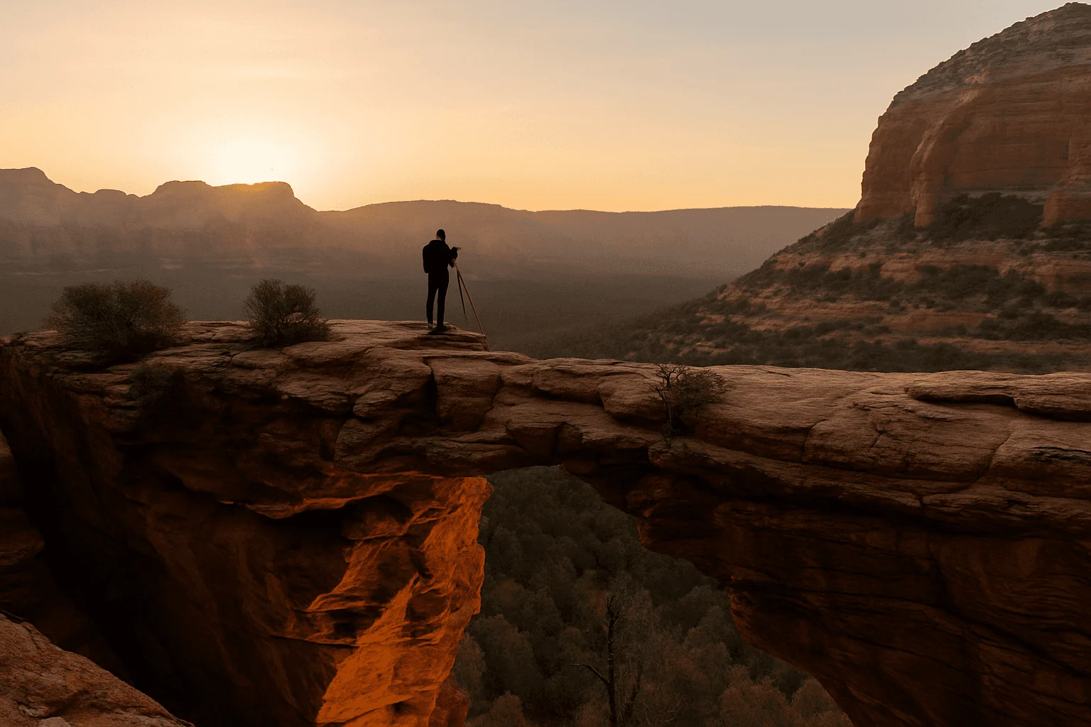 A person standing on a sandstone bridge at sunrise