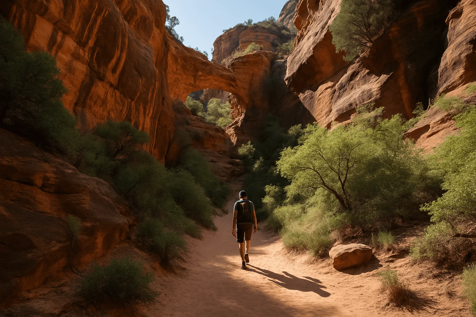 A lone walker on a path between canyon walls