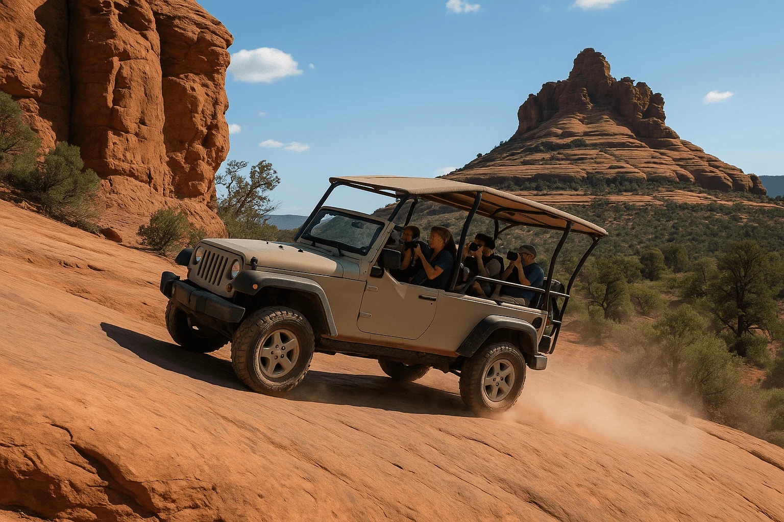An open-sided tour vehicle climbing a rocky slope