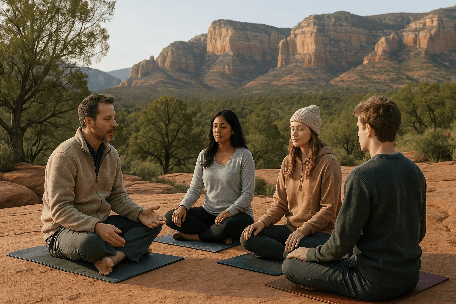 A group sitting on mats outdoors with red cliffs behind them