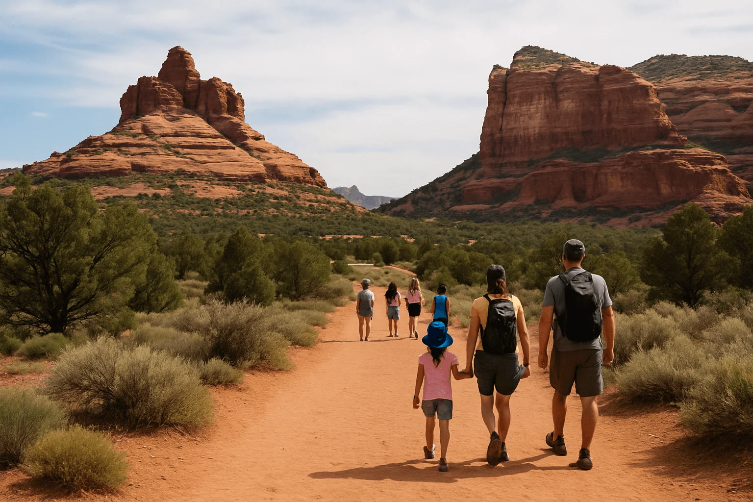 A group of hikers walking toward red-rock formations