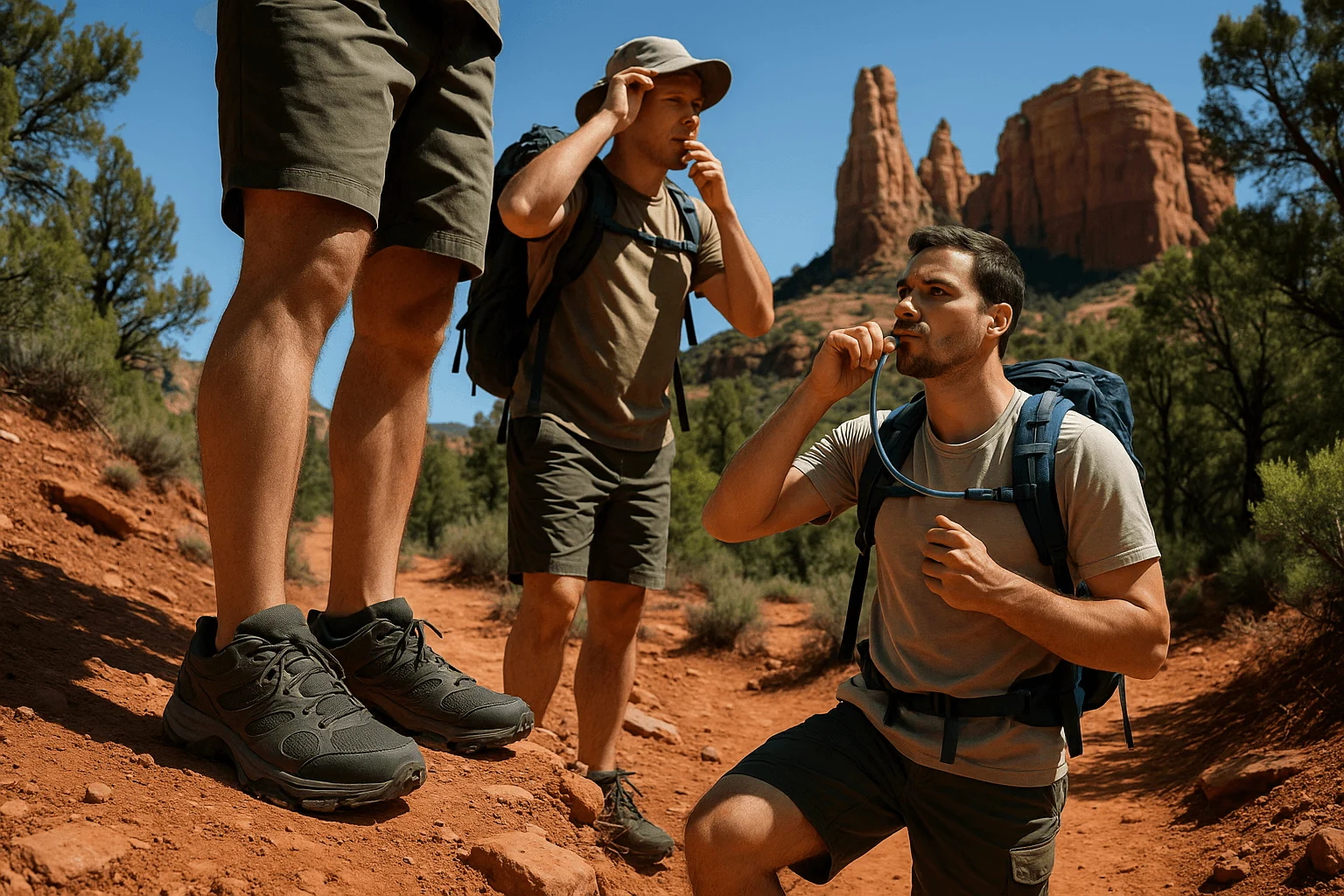 Hikers stopping to drink water on a desert trail