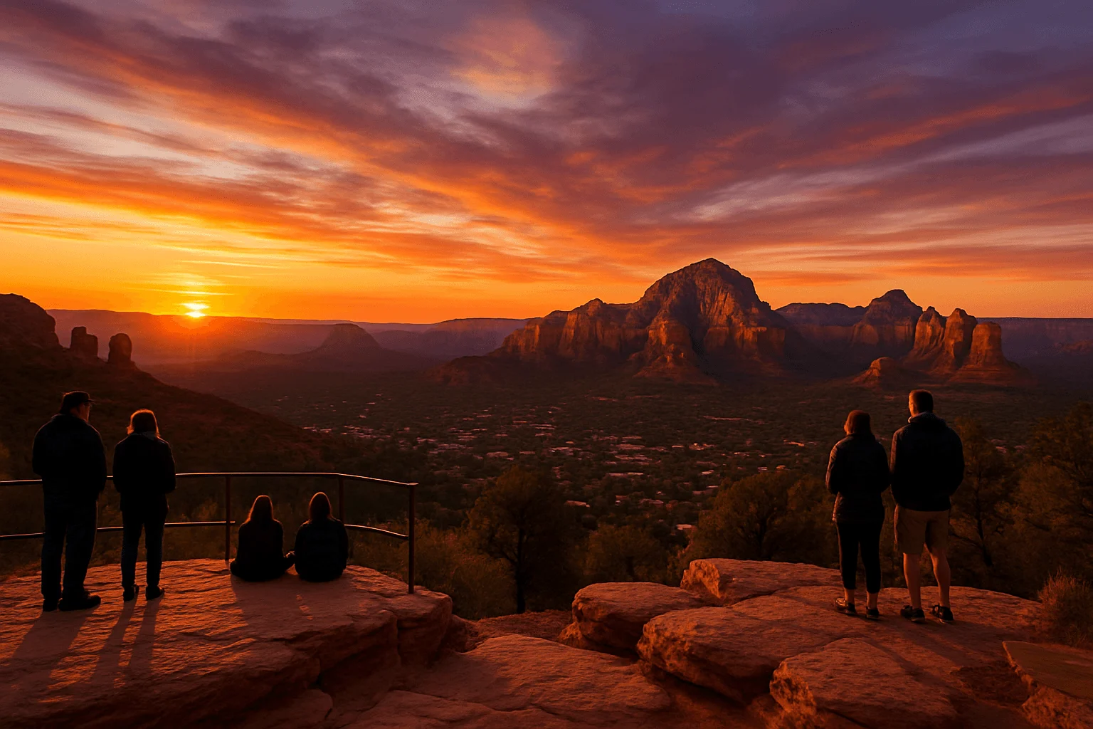 People watching a vivid sunset from a rocky overlook