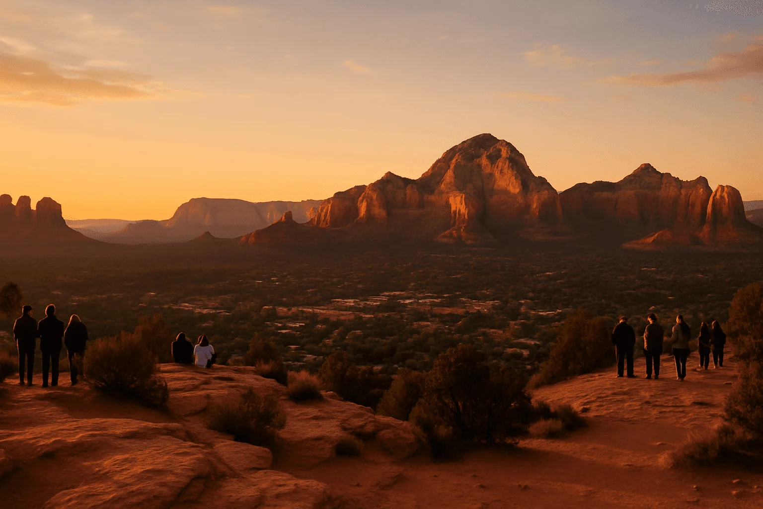 Visitors scattered across a sandstone overlook at sunset