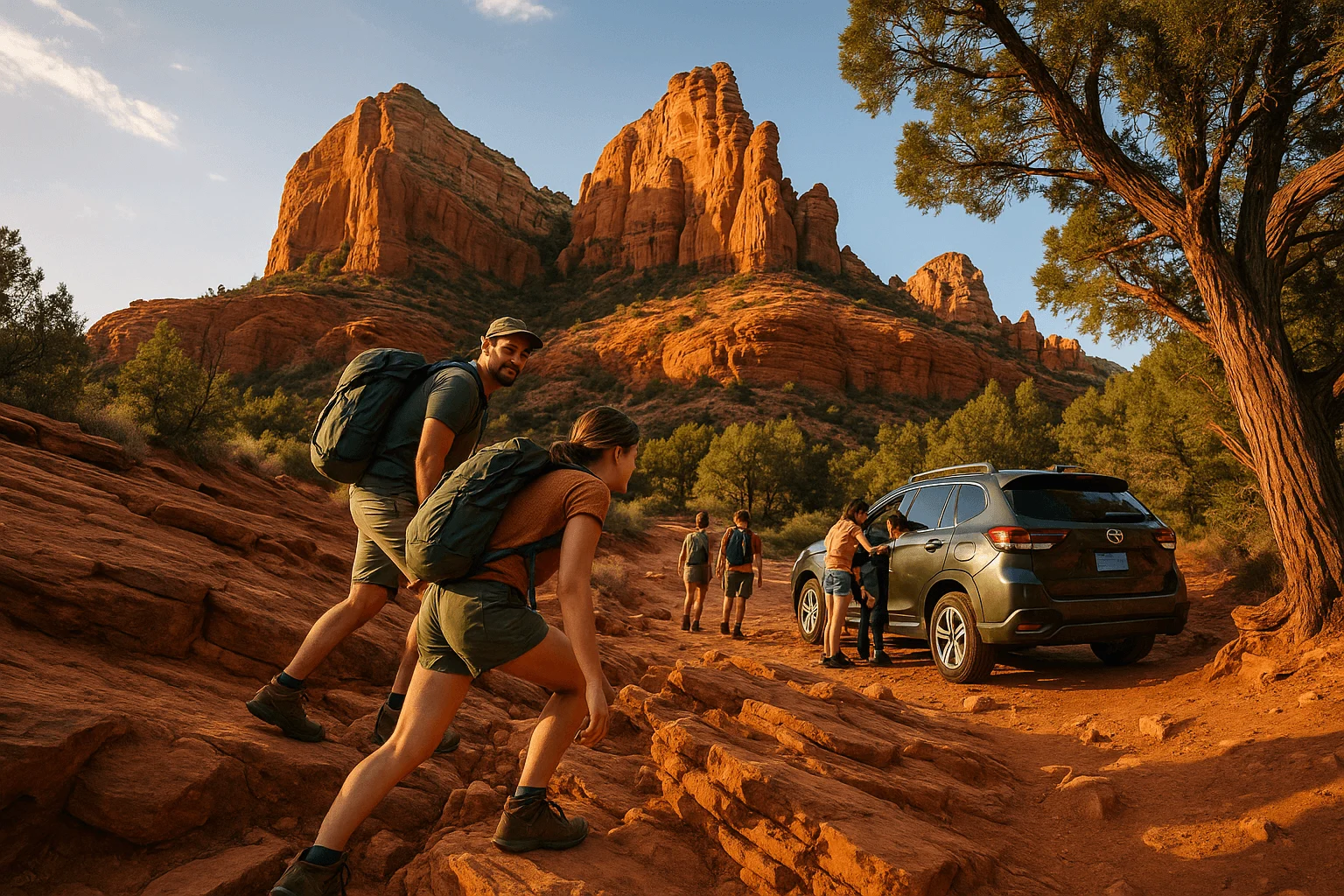 Hikers walking past a parked vehicle on a rocky trail