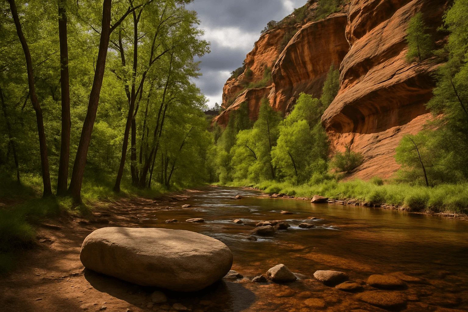 A clear stream flowing beneath trees and red canyon walls