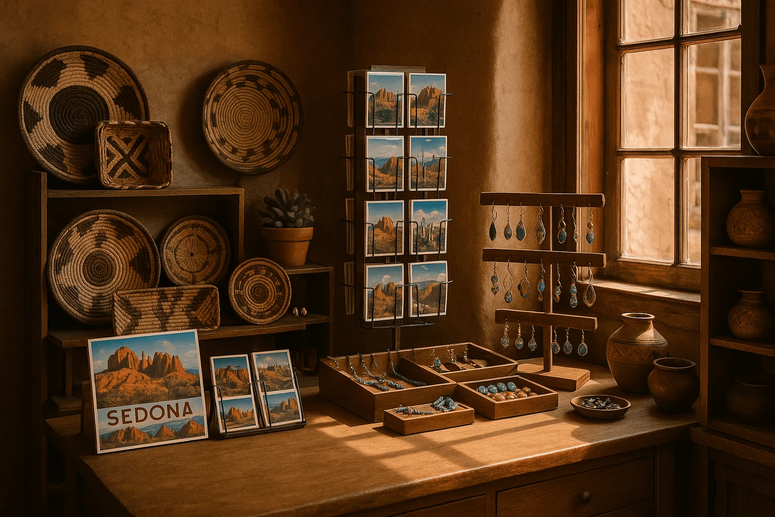 Postcards, pottery, and souvenirs arranged inside a shop