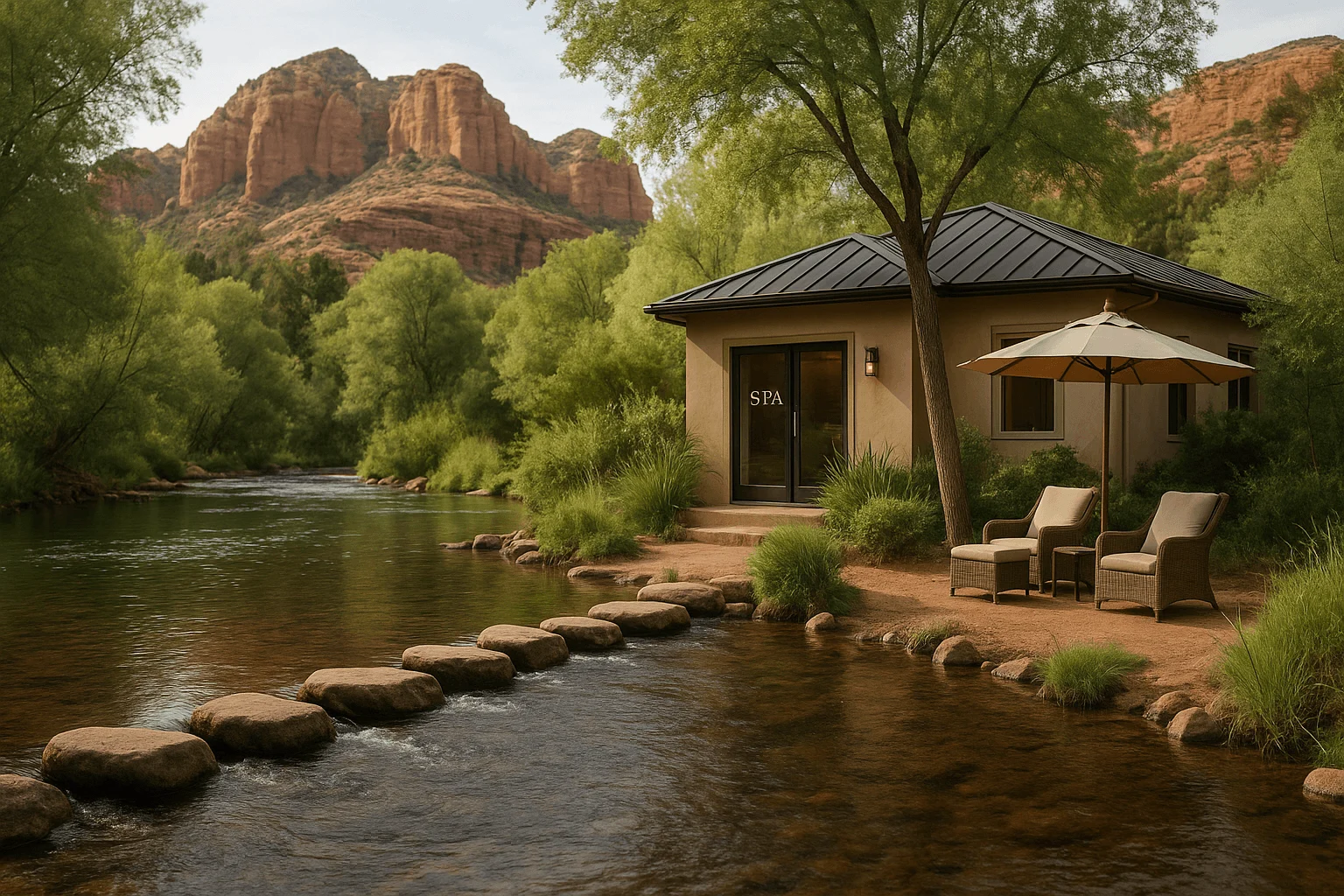 A small cabin and seating area beside a creek