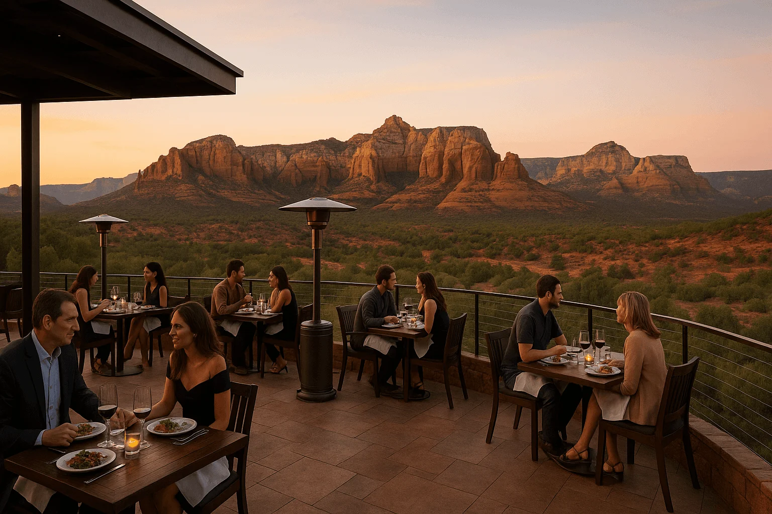 Diners on a terrace overlooking red rocks at dusk
