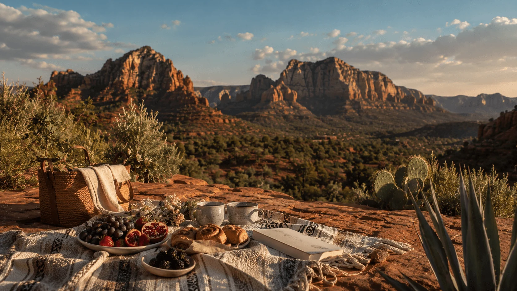 Jewelry, crystals, and small objects displayed against a desert view
