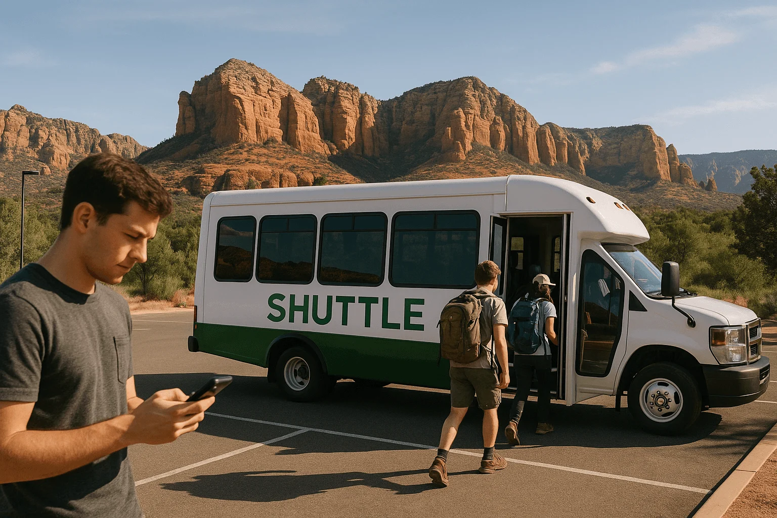 A person checking a phone beside a shuttle at a trailhead