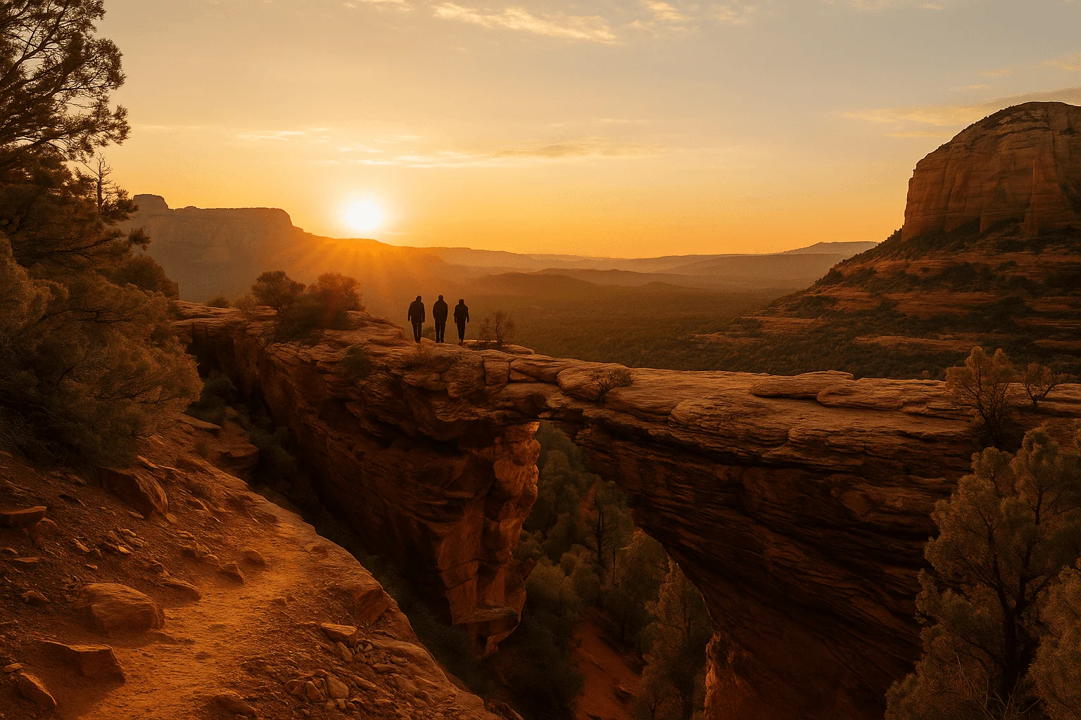 Hikers crossing a natural sandstone bridge at sunrise