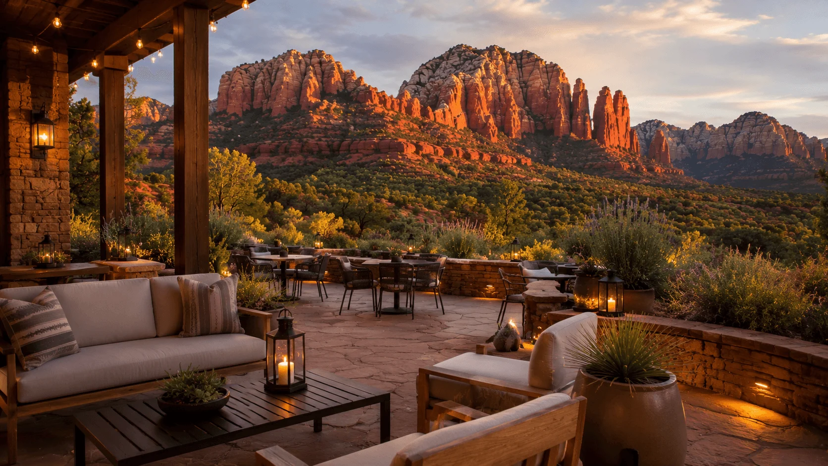 An outdoor lounge with a fire pit and red-rock views