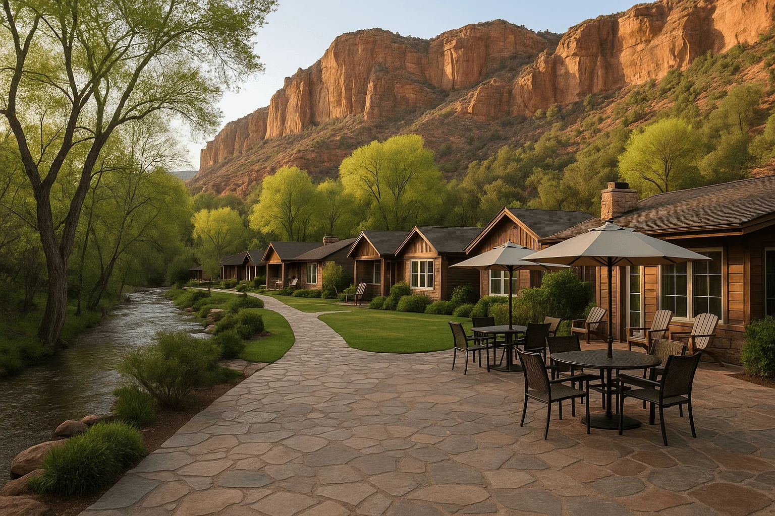 A paved walkway beside creekside cabins