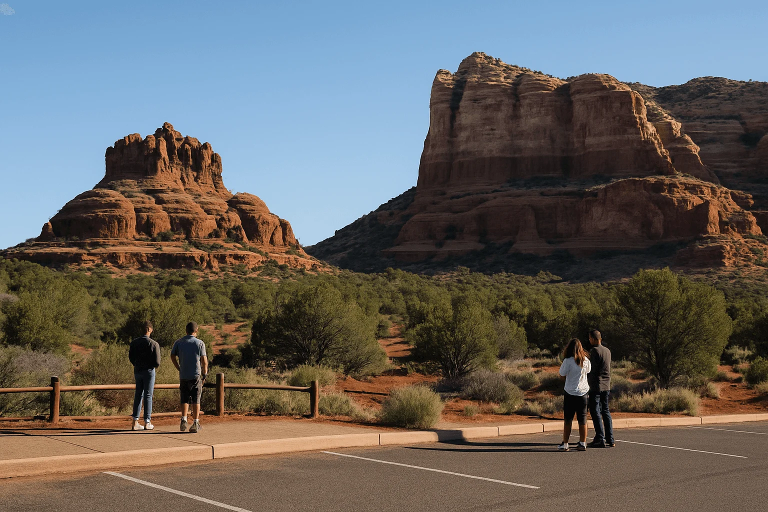 Visitors at a roadside viewing area below red-rock formations