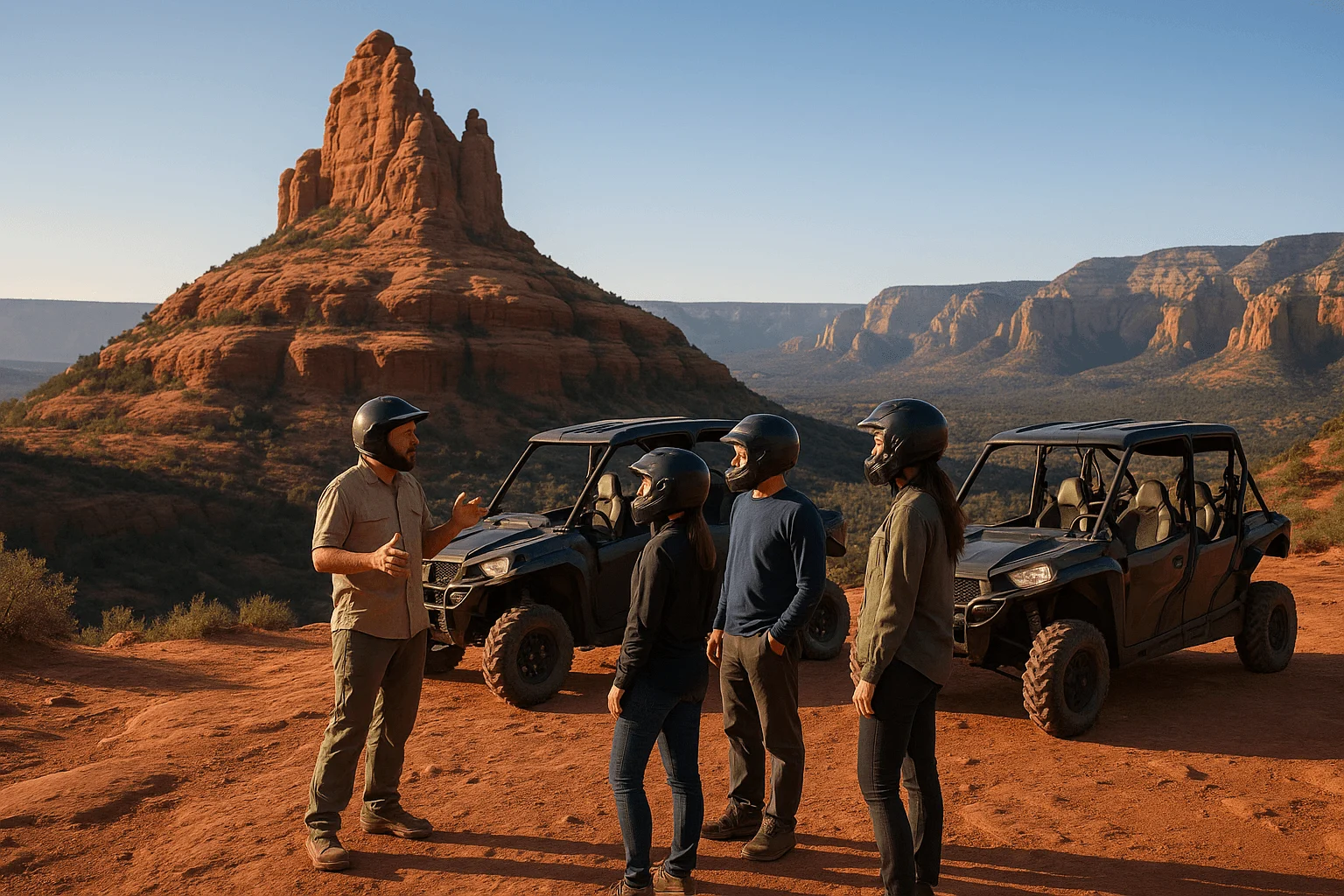 A guide speaking to visitors beside off-road tour vehicles