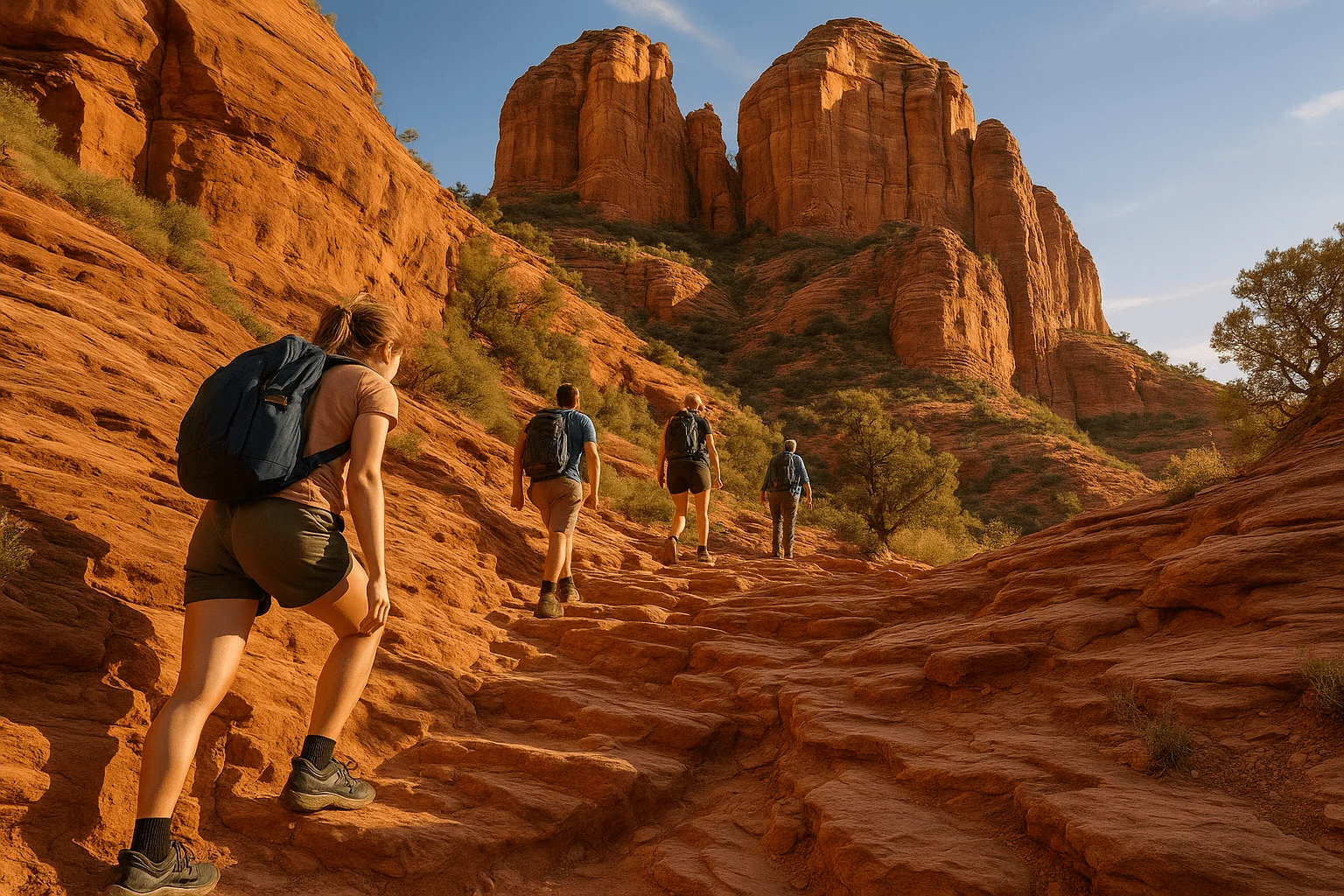 Hikers ascending a rocky sandstone trail