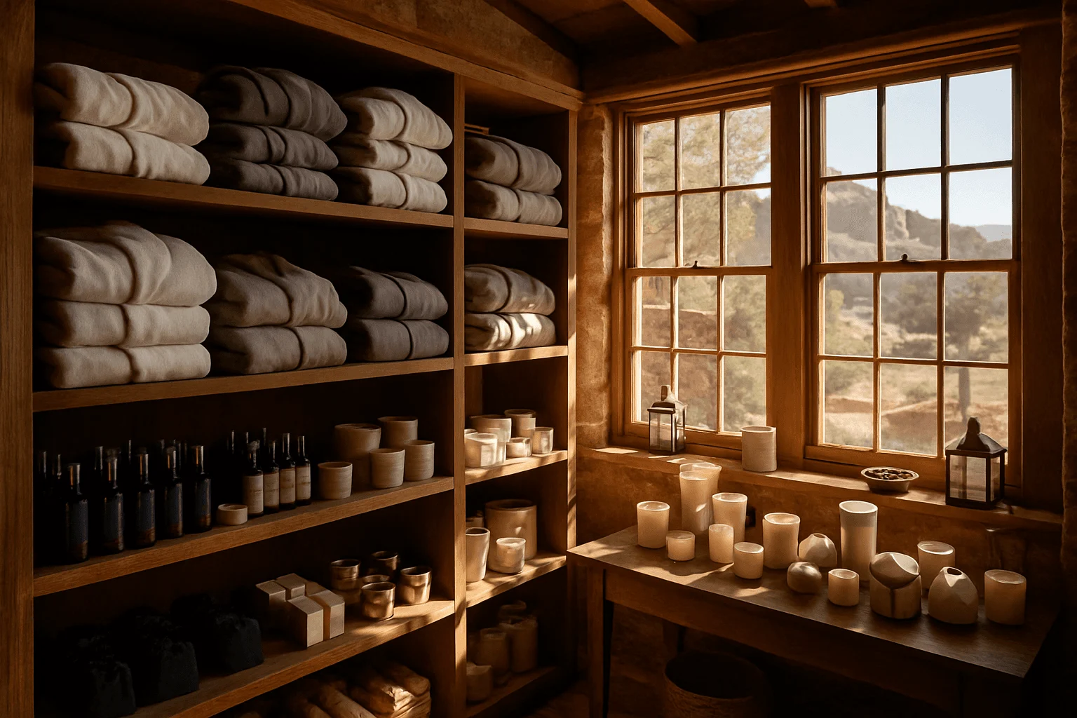 Folded towels, bottles, and candles on shelves beside a window