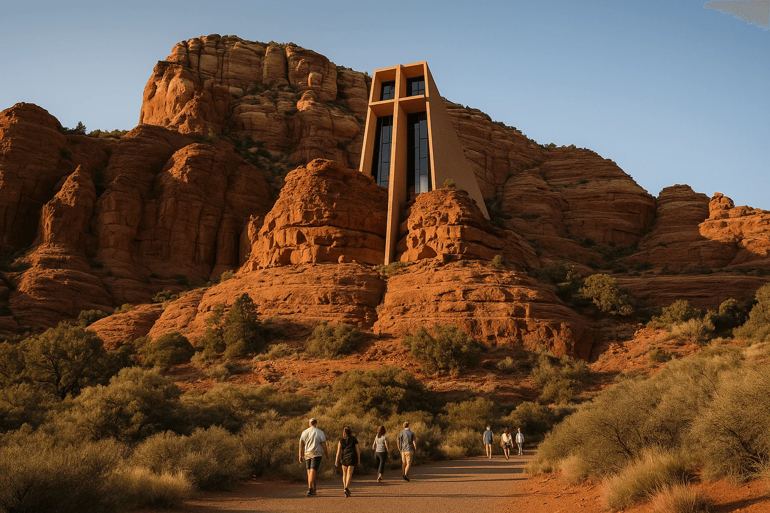 Chapel of the Holy Cross rising among red sandstone formations