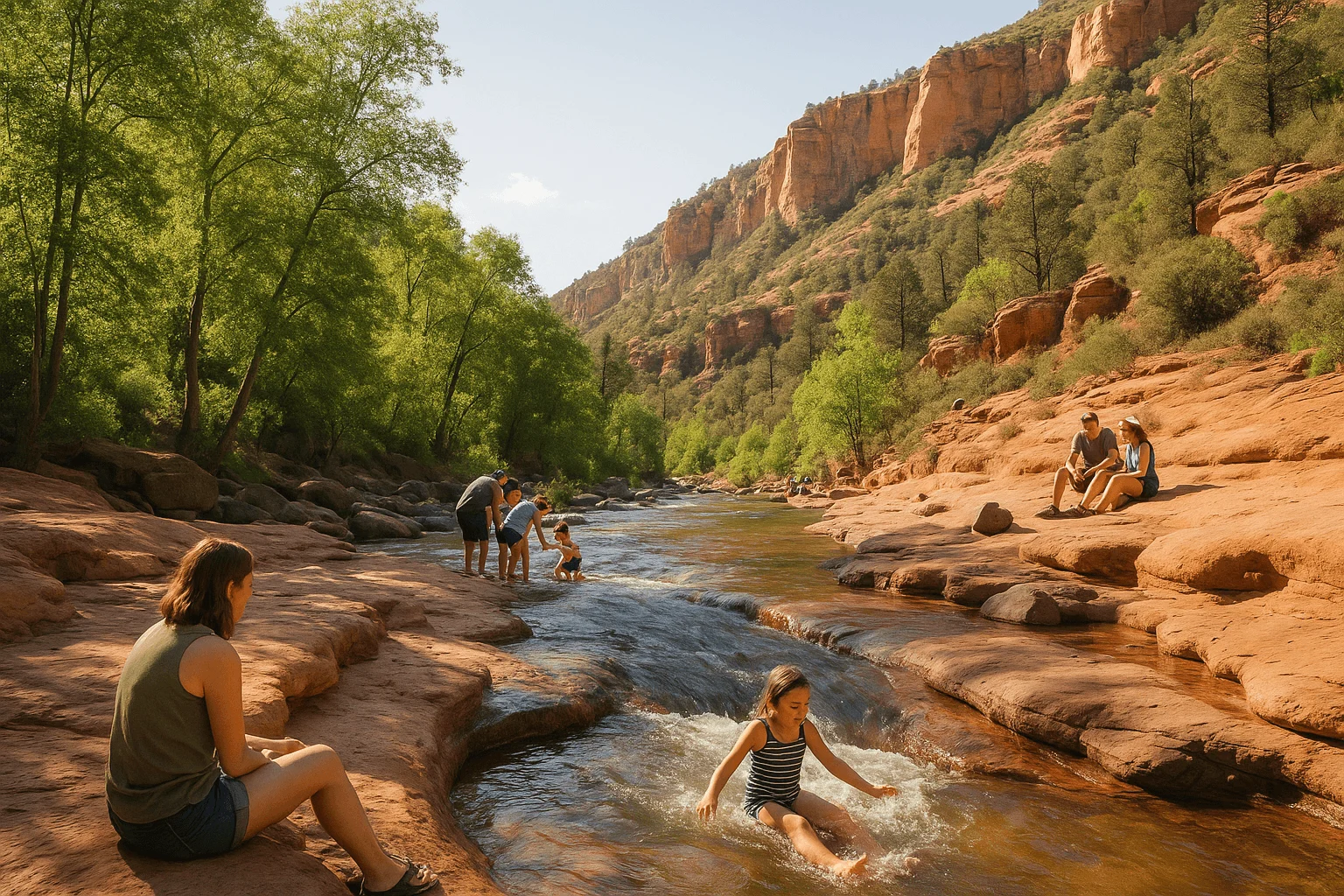 Visitors wading and sitting beside a stream on smooth sandstone