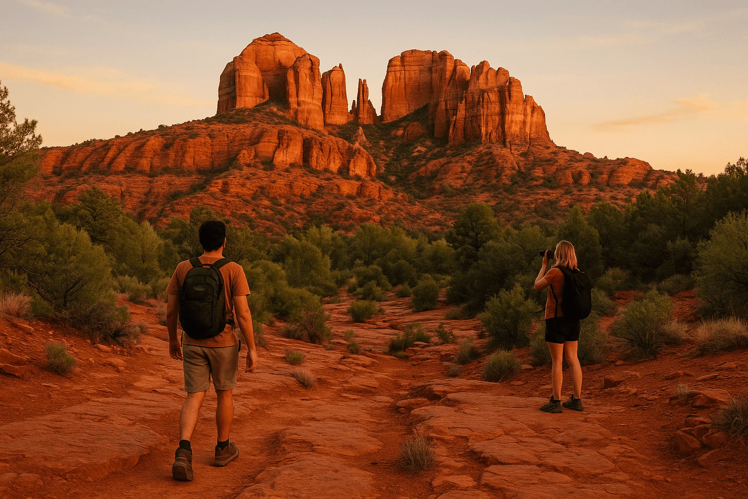 Two hikers looking toward red-rock towers at sunset