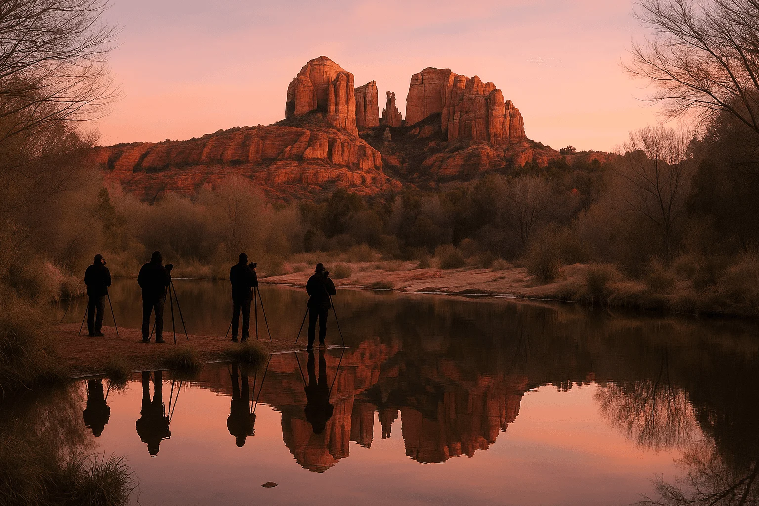 People standing beside a pool reflecting red rocks at dusk