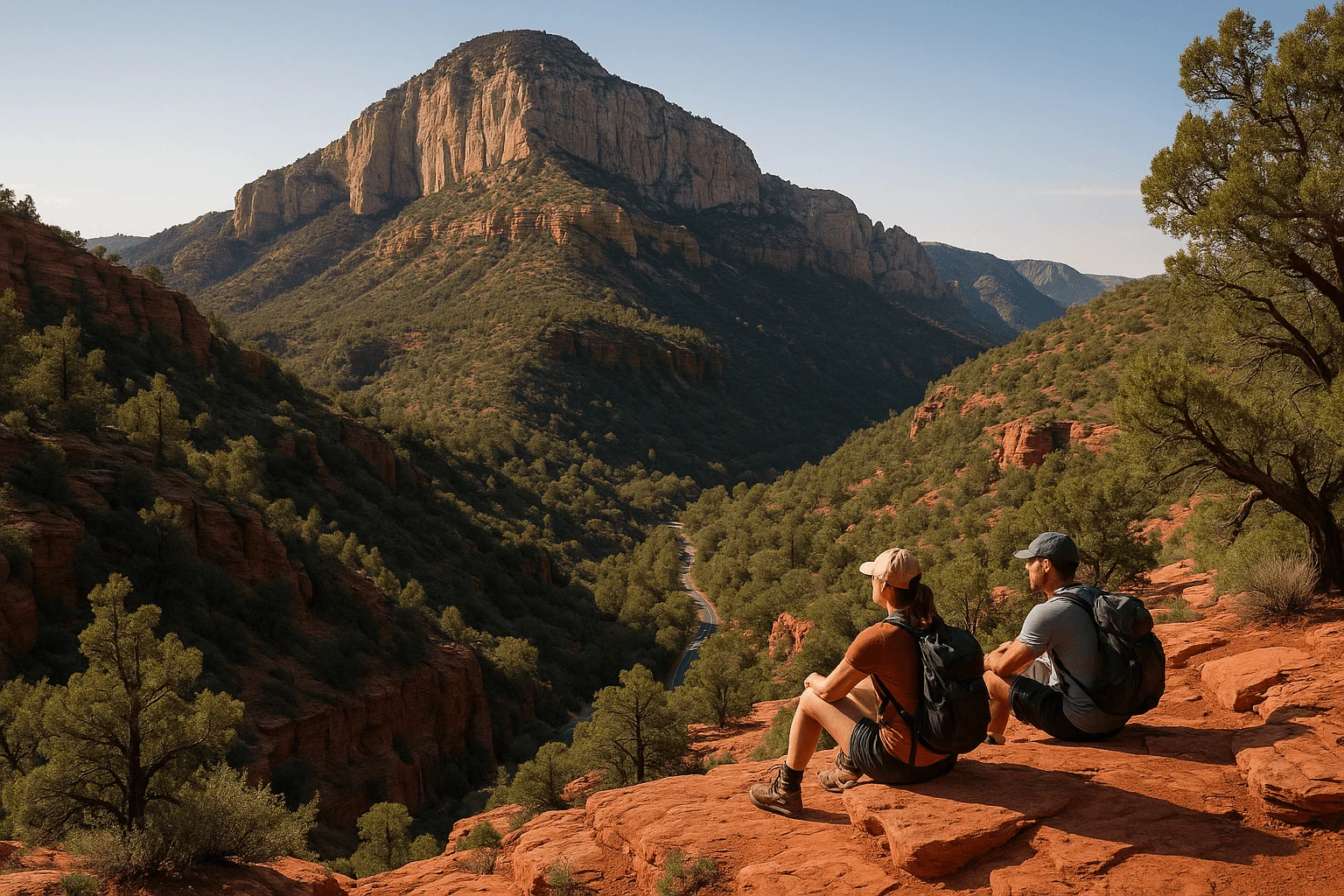 Two hikers seated above a wooded mountain valley