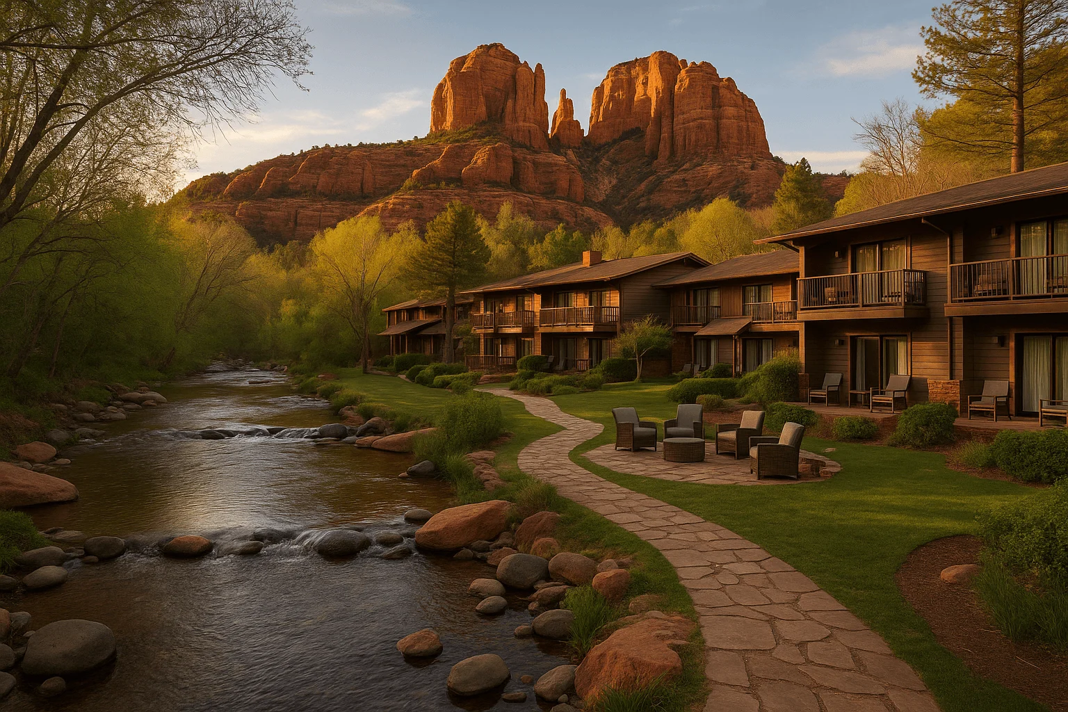 Creekside lodging beneath sunlit red-rock formations