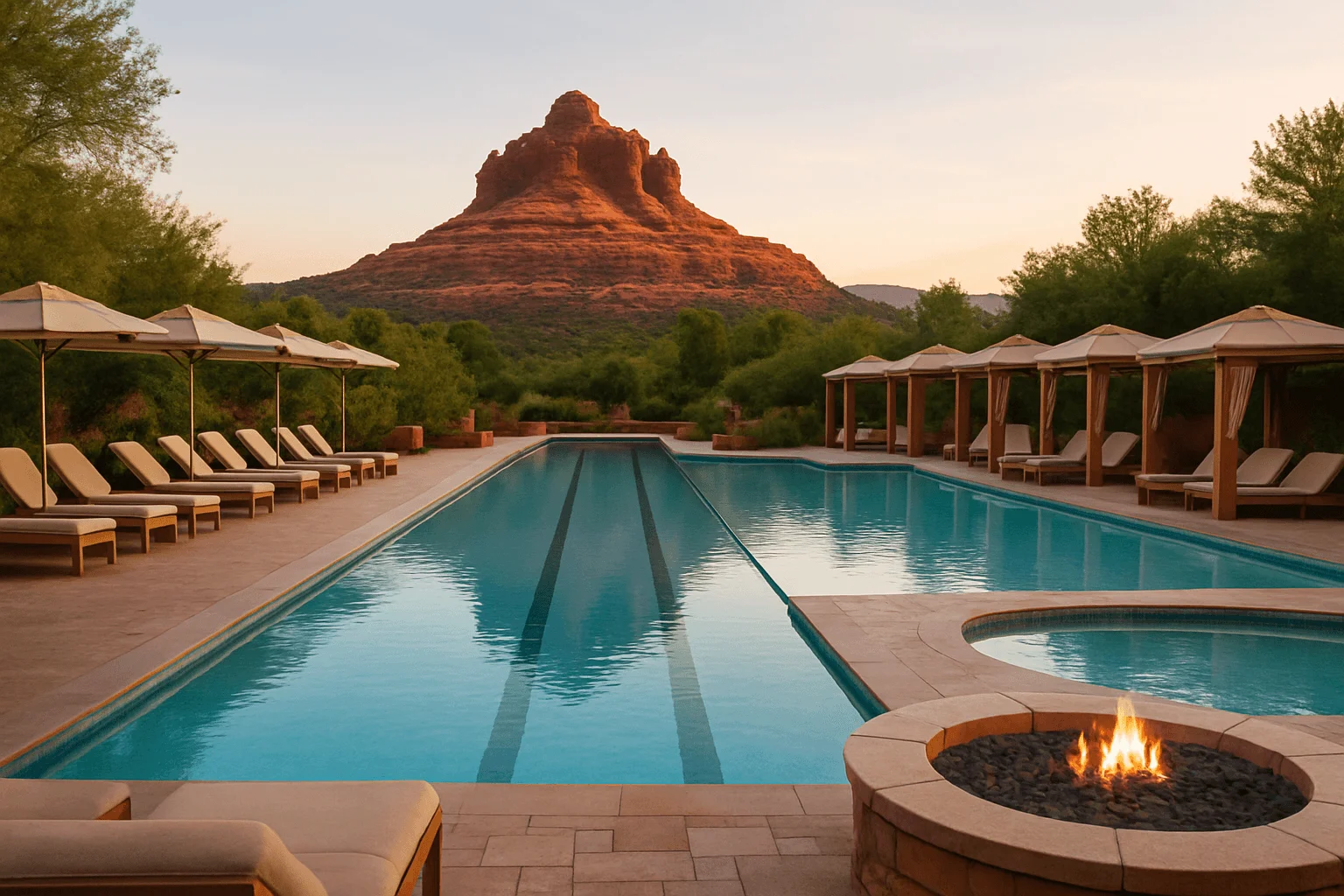 A long swimming pool with red-rock views