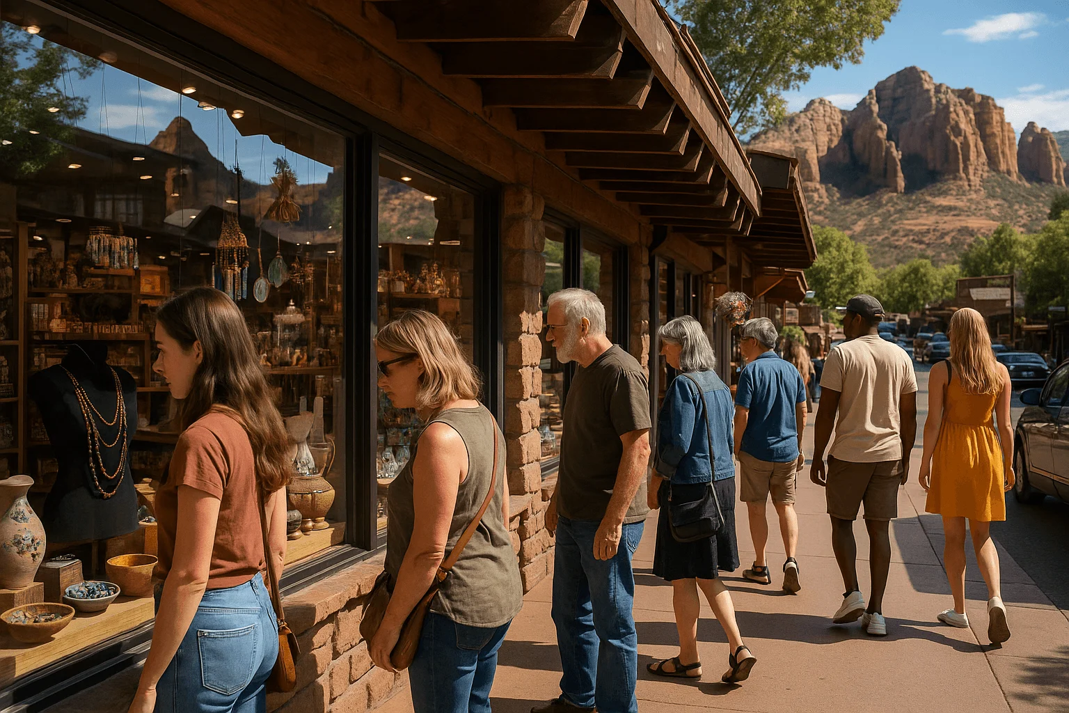 Visitors browsing storefront windows beneath red cliffs