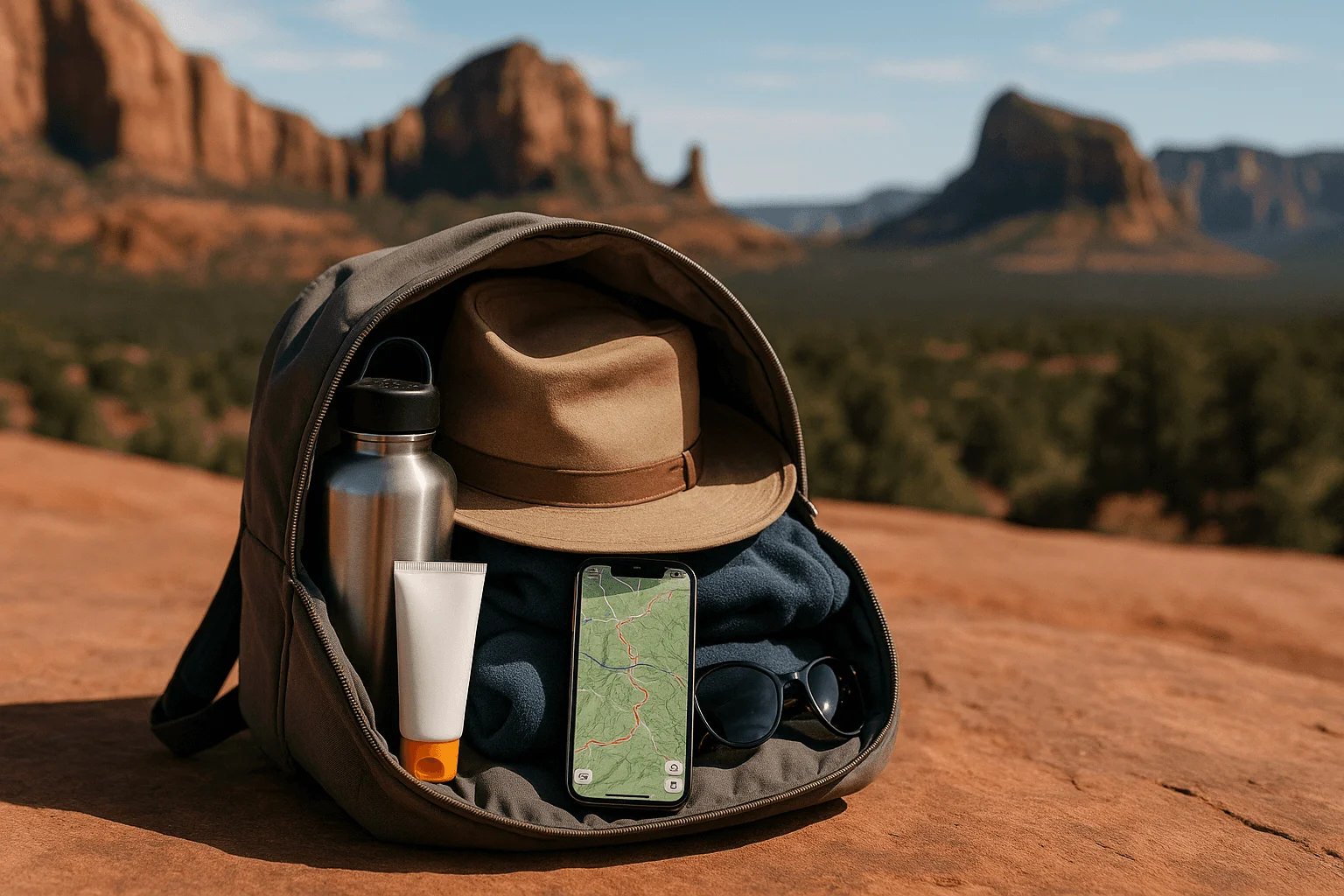 An open backpack packed with a hat, bottles, and hiking supplies