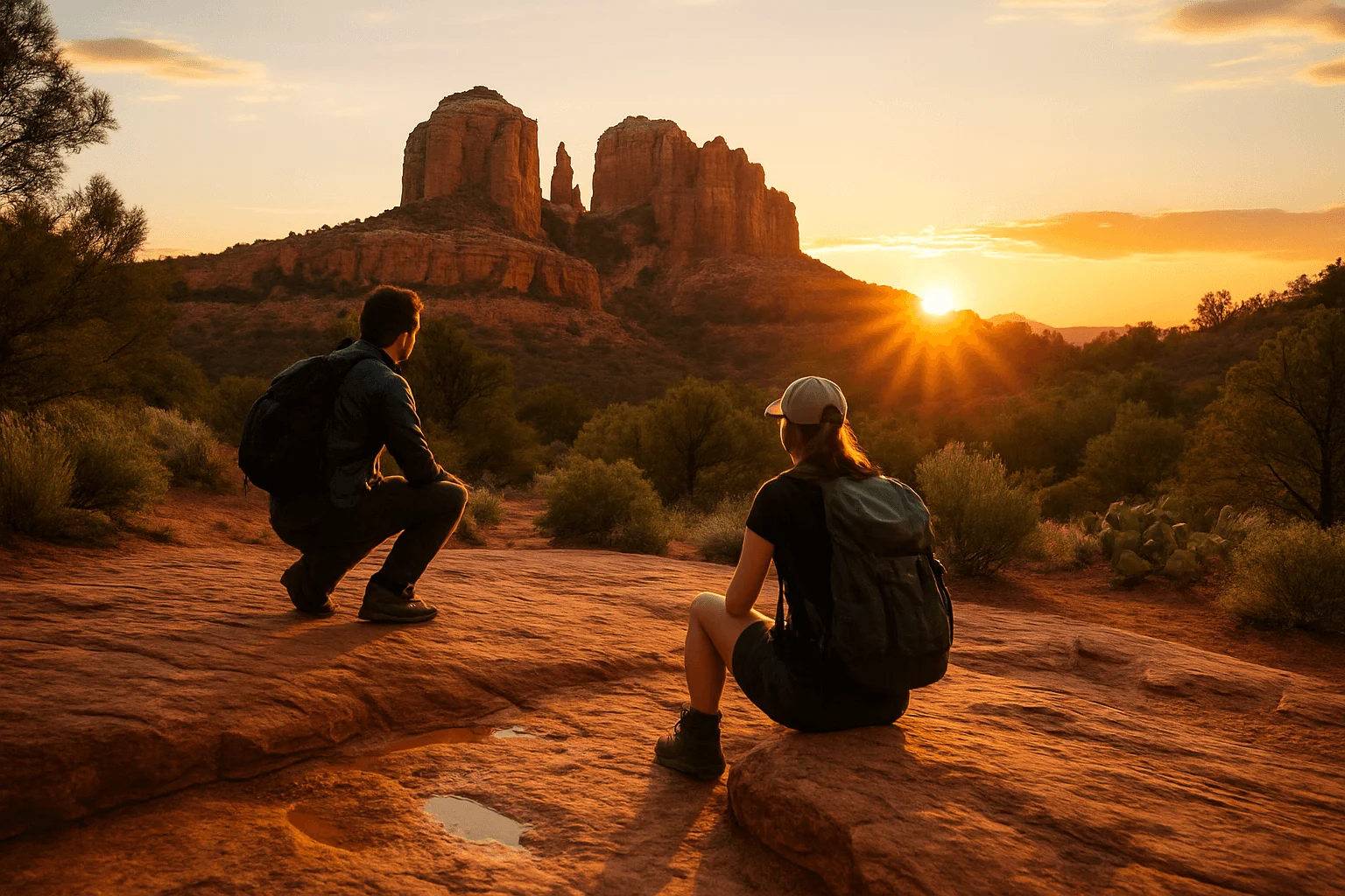 Two hikers resting on a rocky trail at sunset