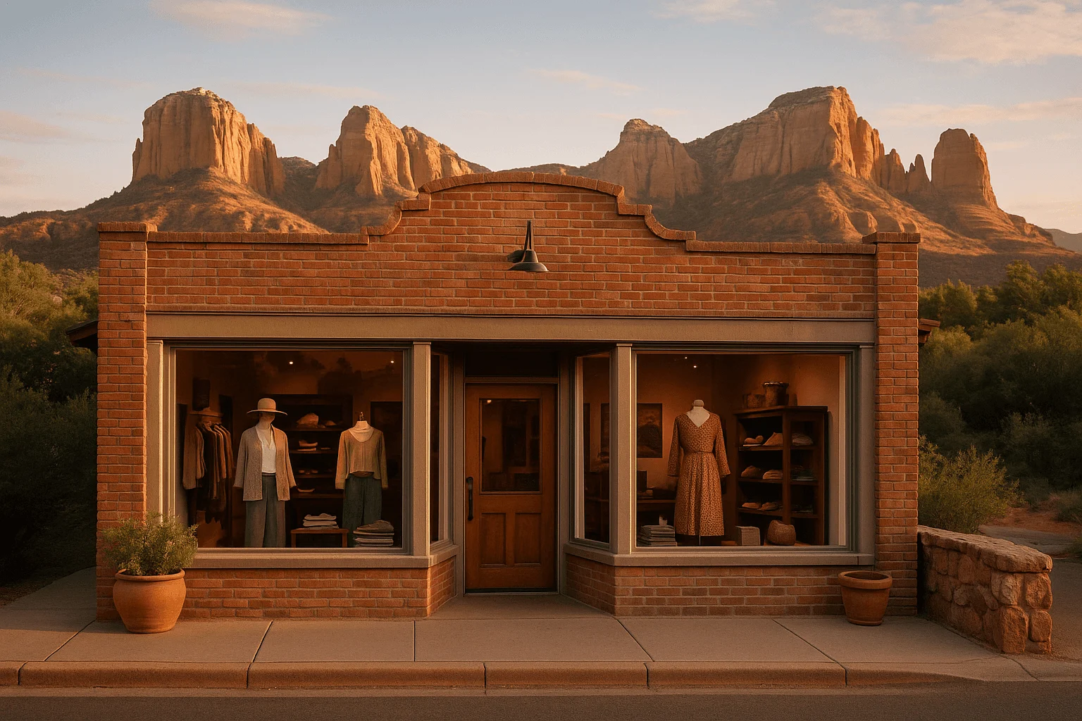 An adobe shopfront beneath red-rock formations
