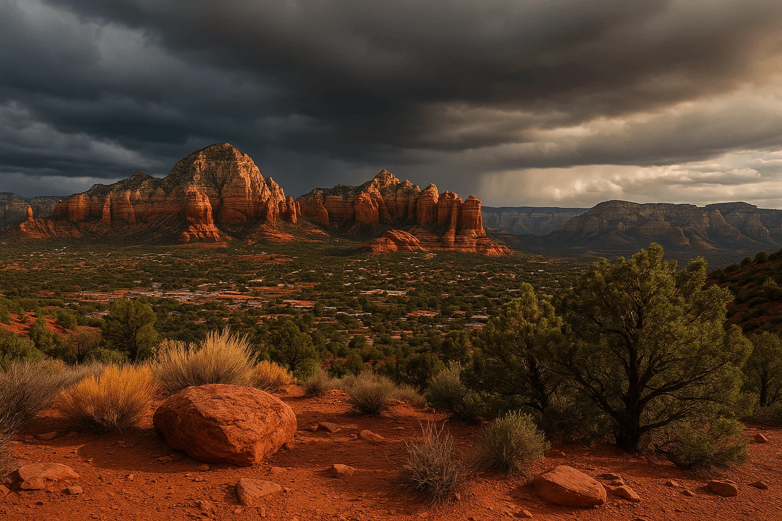Dark storm clouds over red rocks and desert vegetation