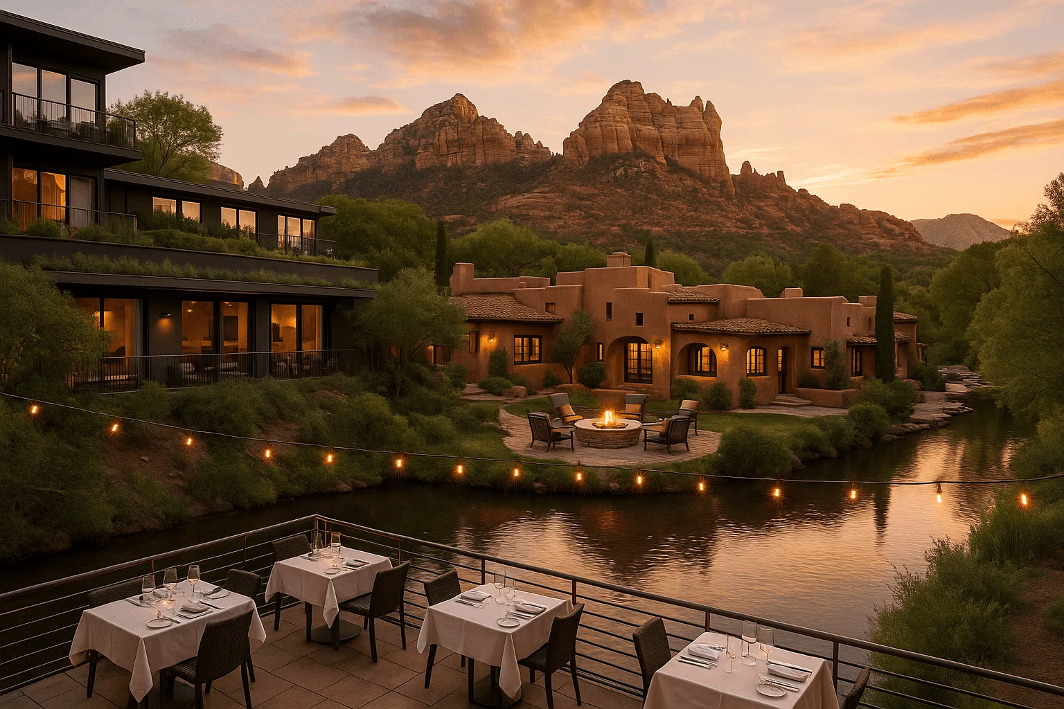 Buildings and restaurant tables beside a creek at sunset
