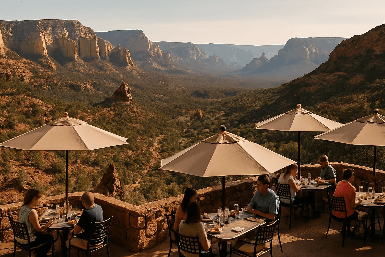 Diners beneath patio umbrellas above a canyon view