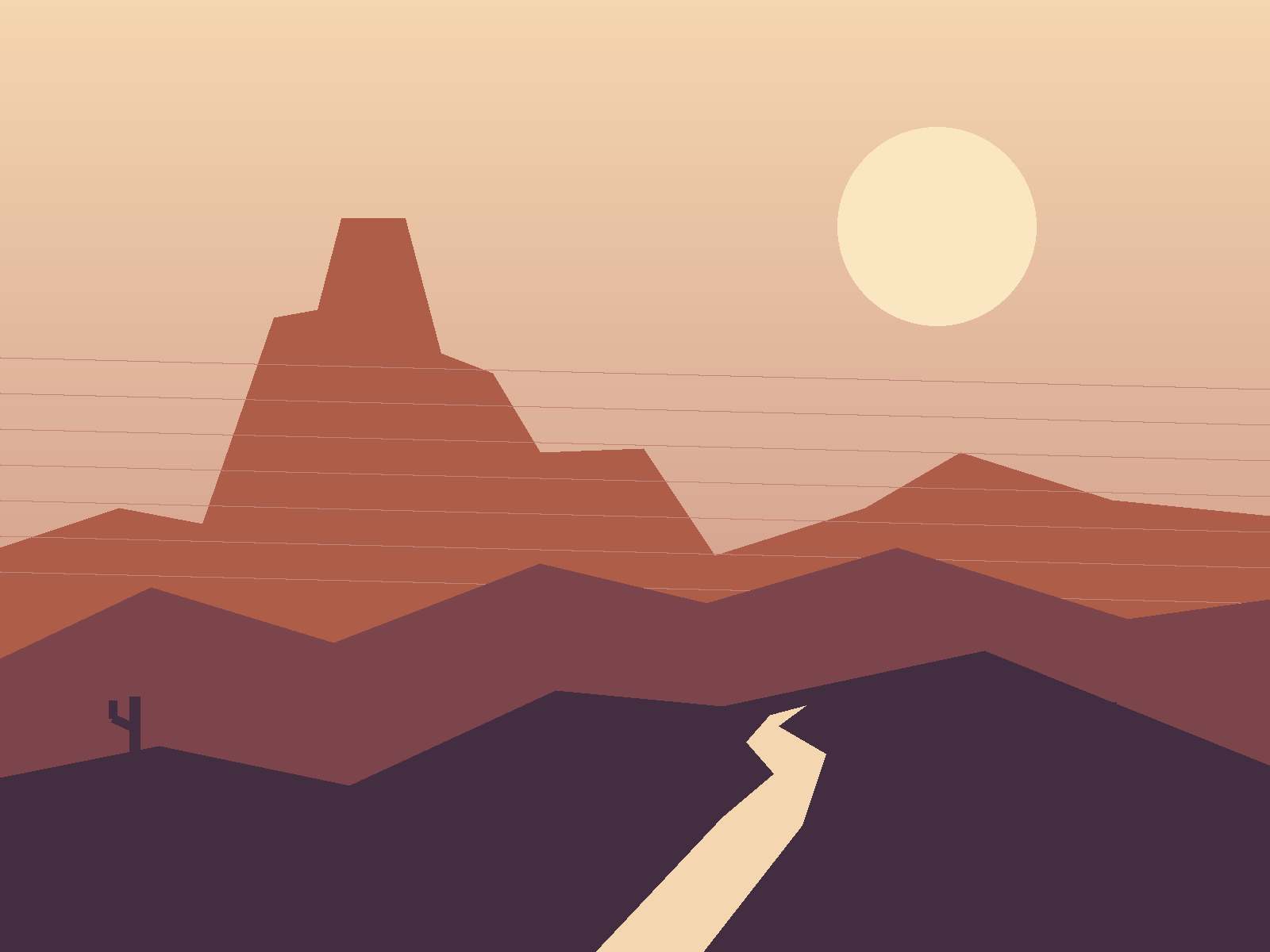 Original illustration of layered red-rock formations and a winding desert path; not a photograph of a specific trail