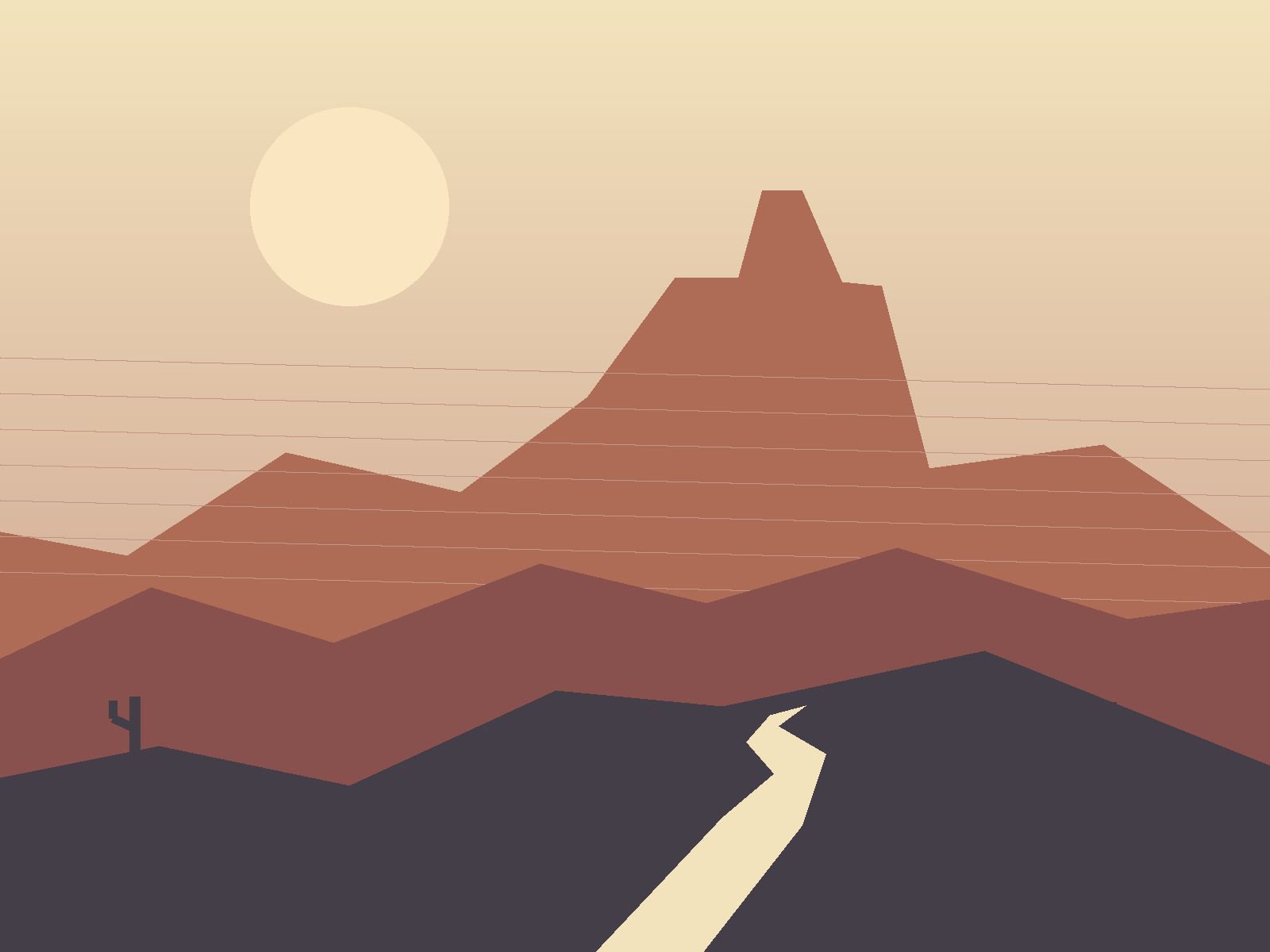 Original illustration of layered red-rock formations and a winding desert path; not a photograph of a specific trail